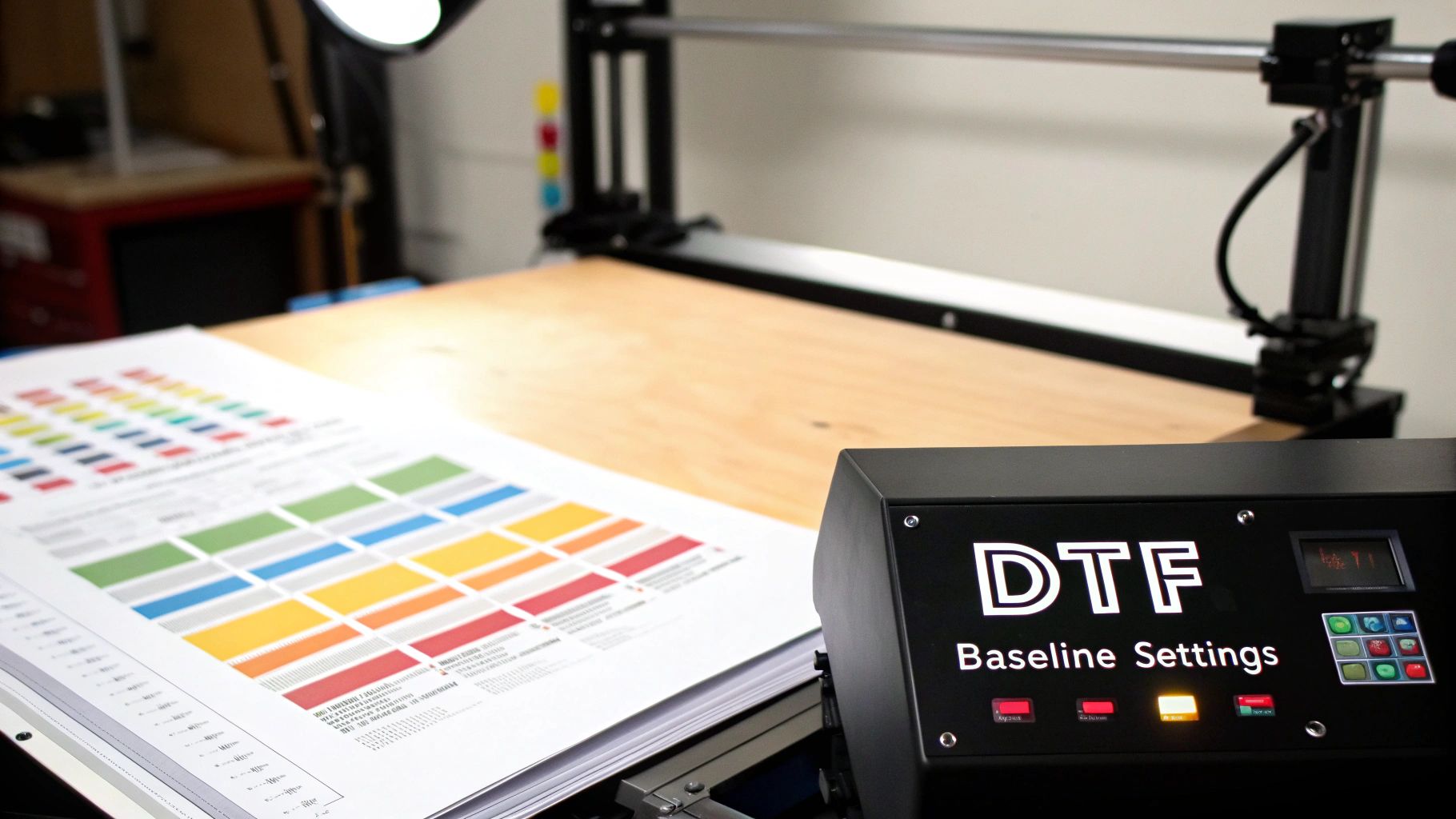A DTF press control panel displays 'DTF Baseline Settings' next to a page of color calibration charts.