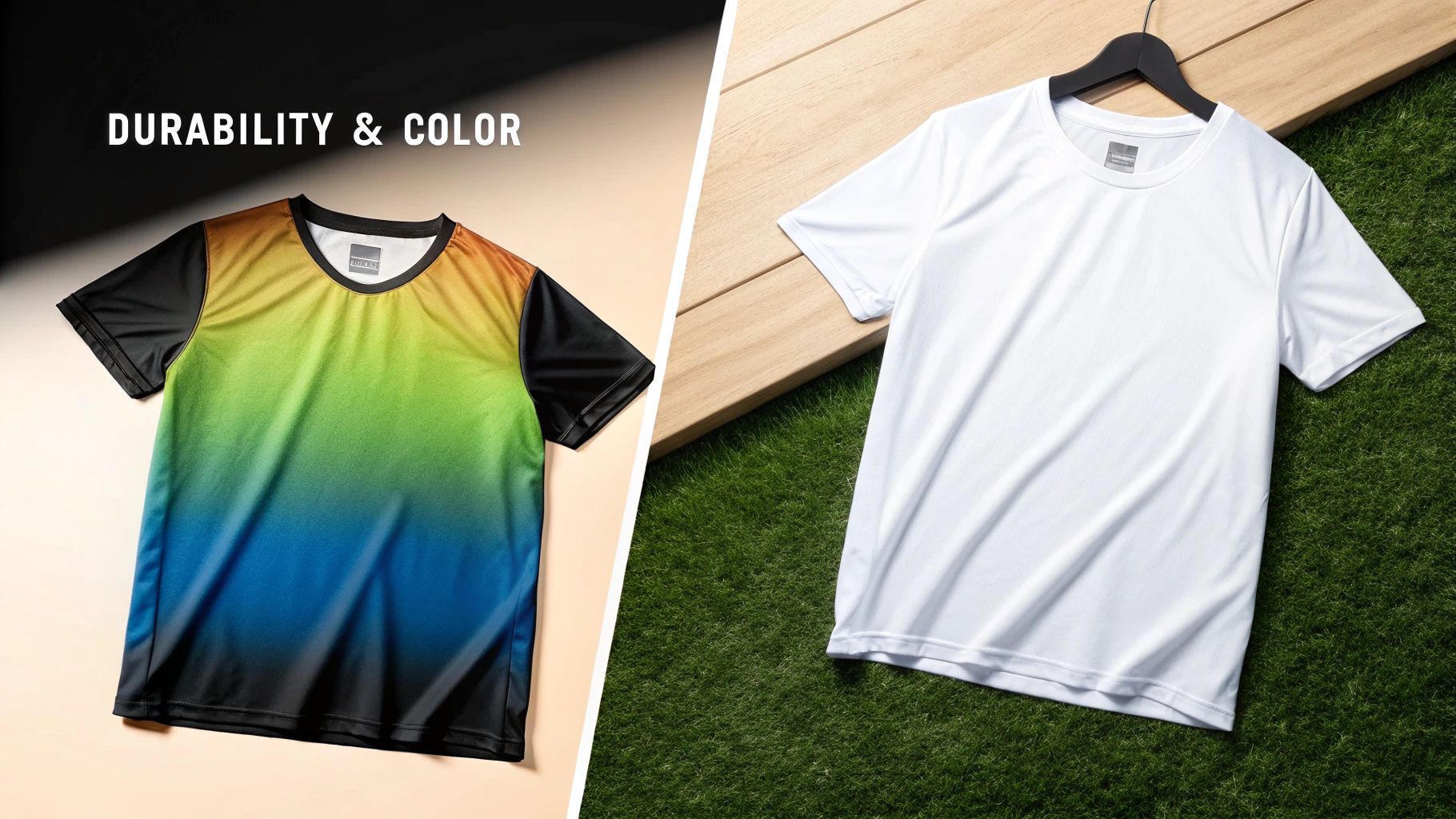 A collage showing a vibrant sublimated mug and a bold heat transfer vinyl design on a t-shirt.