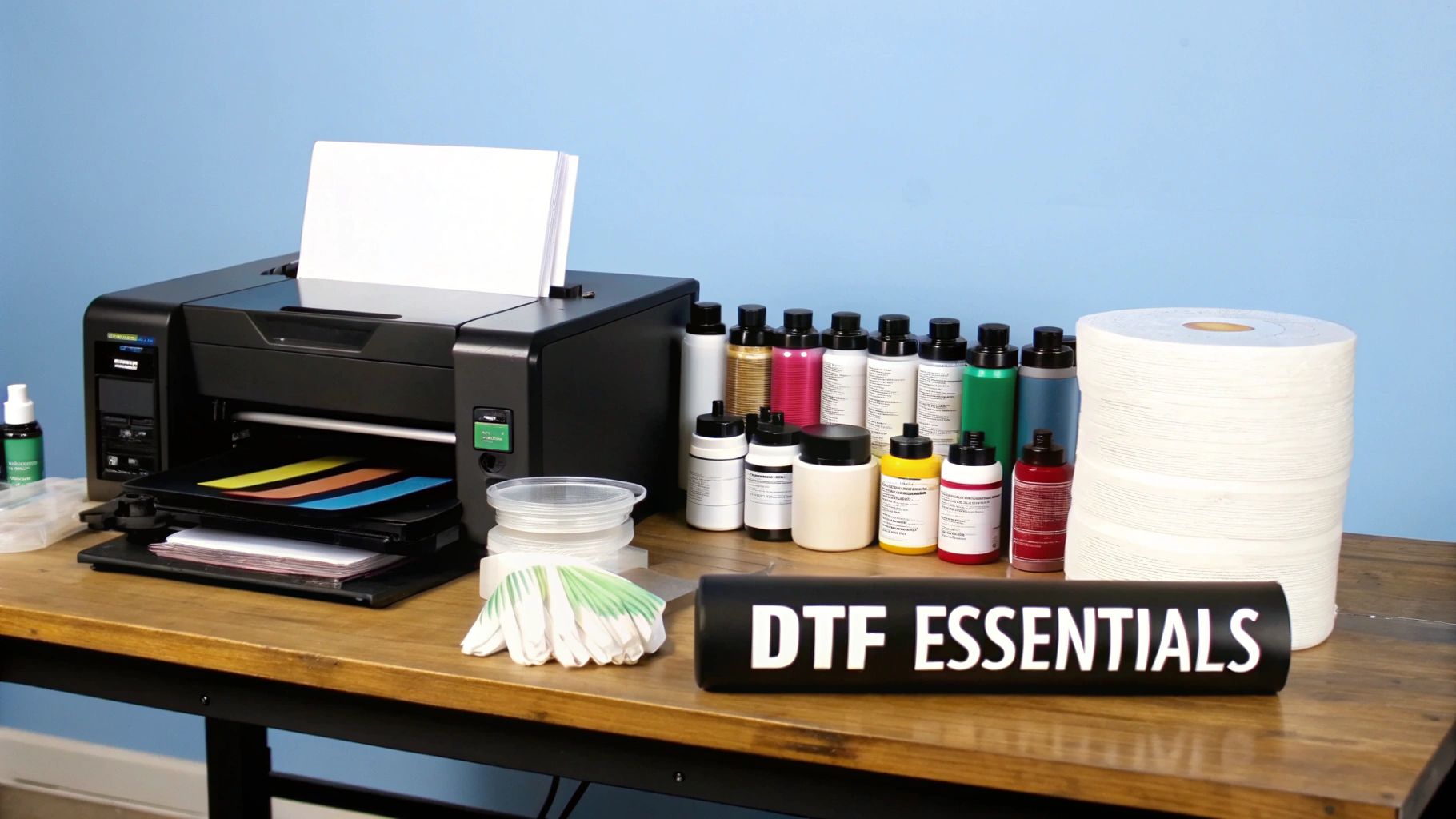 A DTF printing setup with a printer, various ink bottles, a large film roll, gloves, and a 'DTF ESSENTIALS' sign.