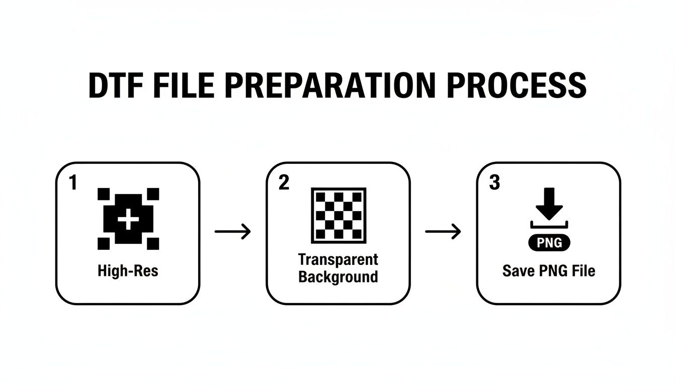 A three-step infographic detailing the DTF file preparation process: High-Res, Transparent Background, and Save PNG File.
