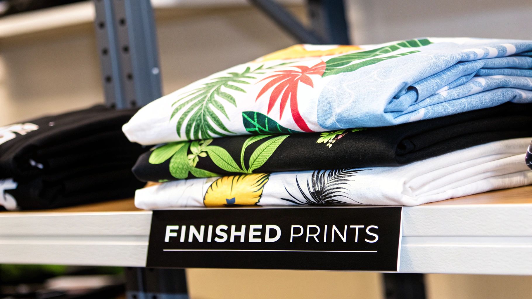 Several t-shirts in different colors and fabrics folded and stacked neatly, ready for printing.