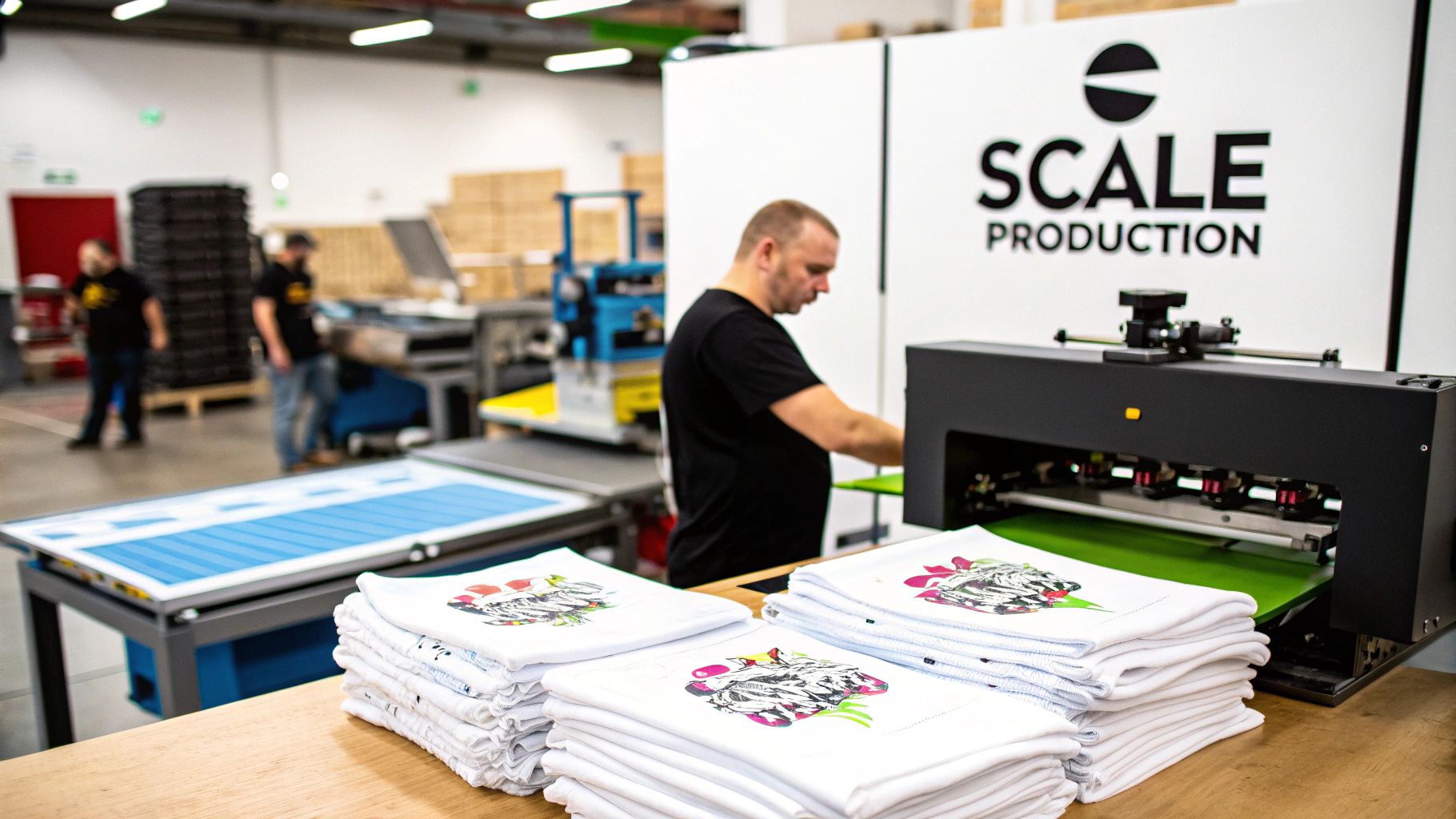 A man operates a direct-to-garment printer, with stacks of custom-printed t-shirts in a production facility.
