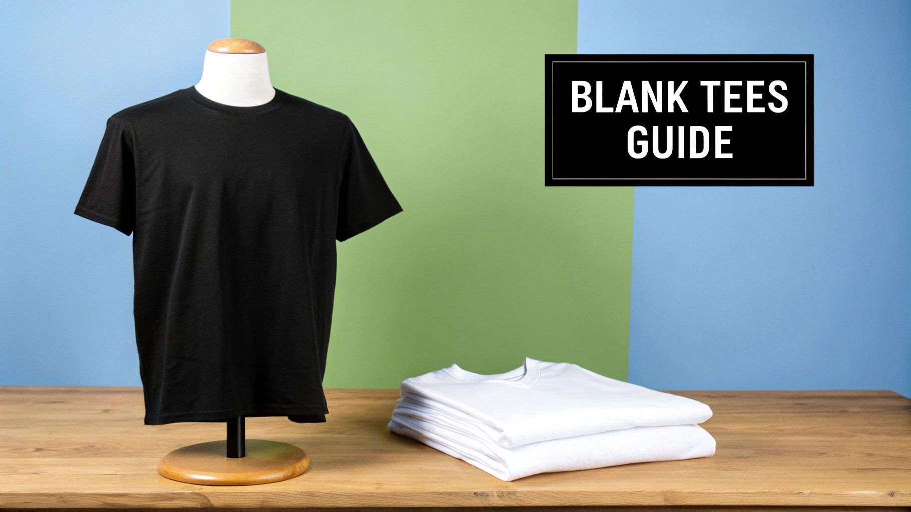 Black and white blank t-shirts displayed on mannequin and folded stack with guide sign