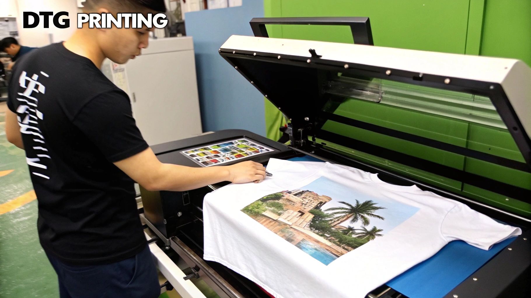 A DTG printer head applying a colorful, detailed image directly onto a t-shirt.