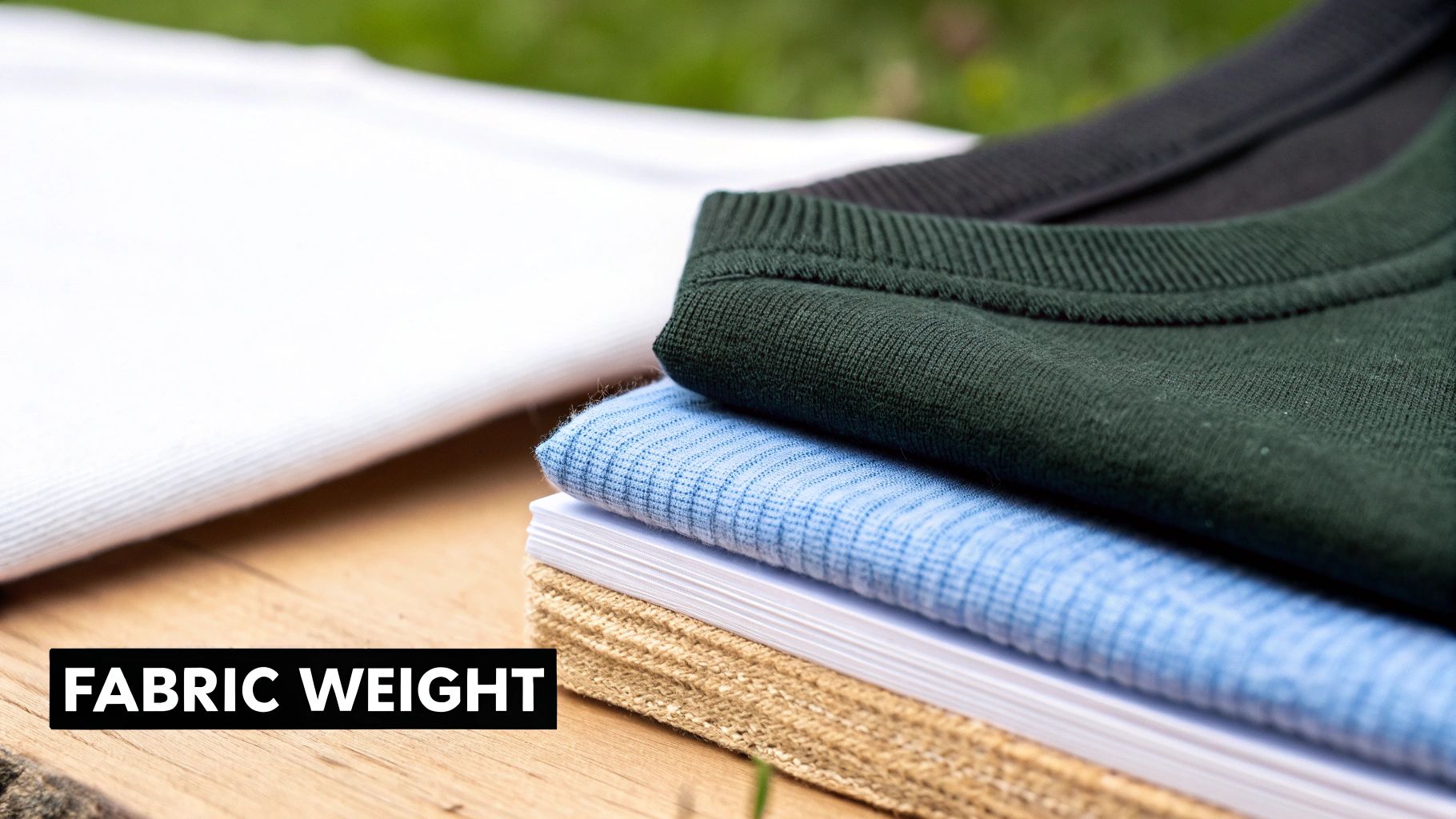 A stack of folded t-shirt fabric samples in dark green, blue, white, and beige, with 'FABRIC WEIGHT' text.