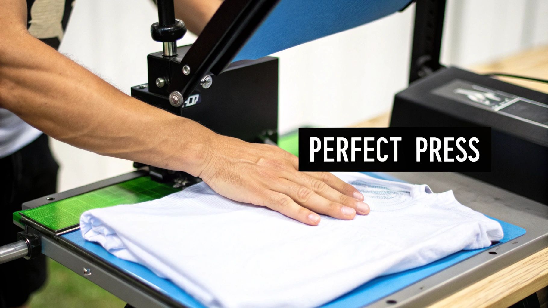 Close-up of a person's hands operating a heat press machine on a white t-shirt.