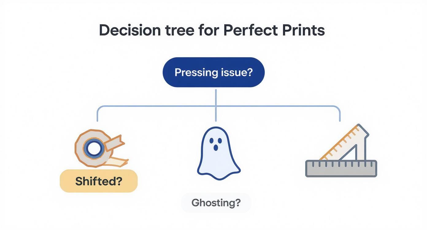 Decision tree diagram for perfect prints, showing pressing issues like shifted, ghosting, and alignment.