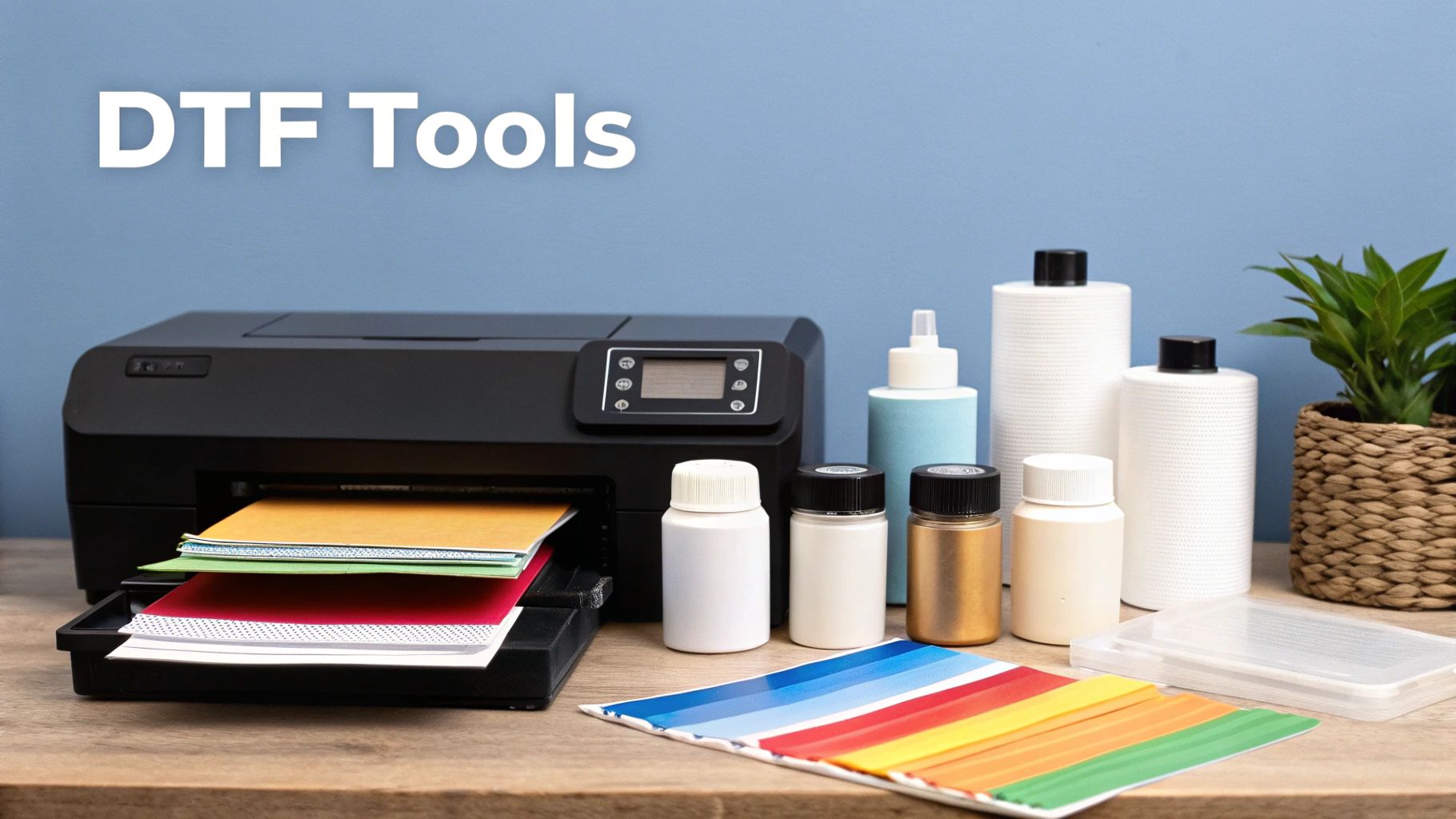 A close-up shot of a DTF printer in action, with a vibrant design being printed onto a clear film.