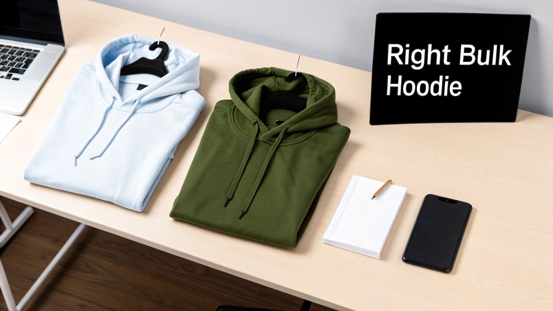 Light blue and olive green folded hoodies, laptop, notebook, and 'Right Bulk Hoodie' sign on a desk.