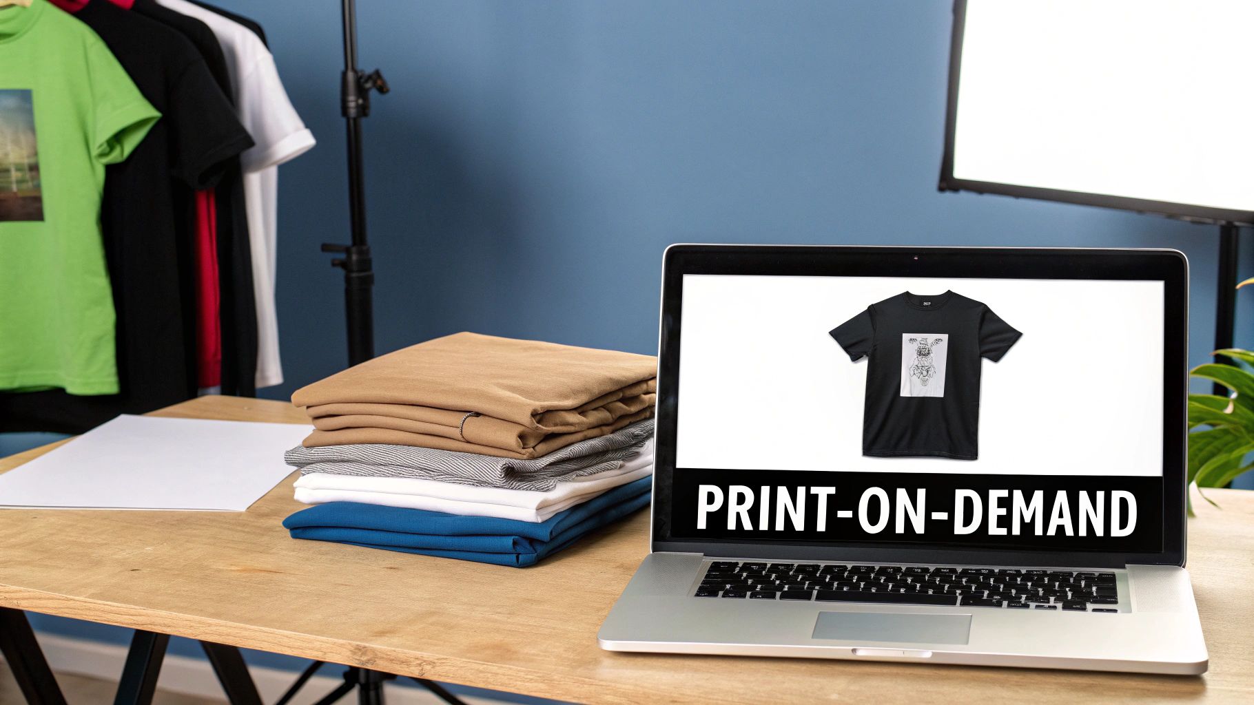 A laptop shows a 'Print-On-Demand' website with a black t-shirt design, surrounded by clothing and studio lights.