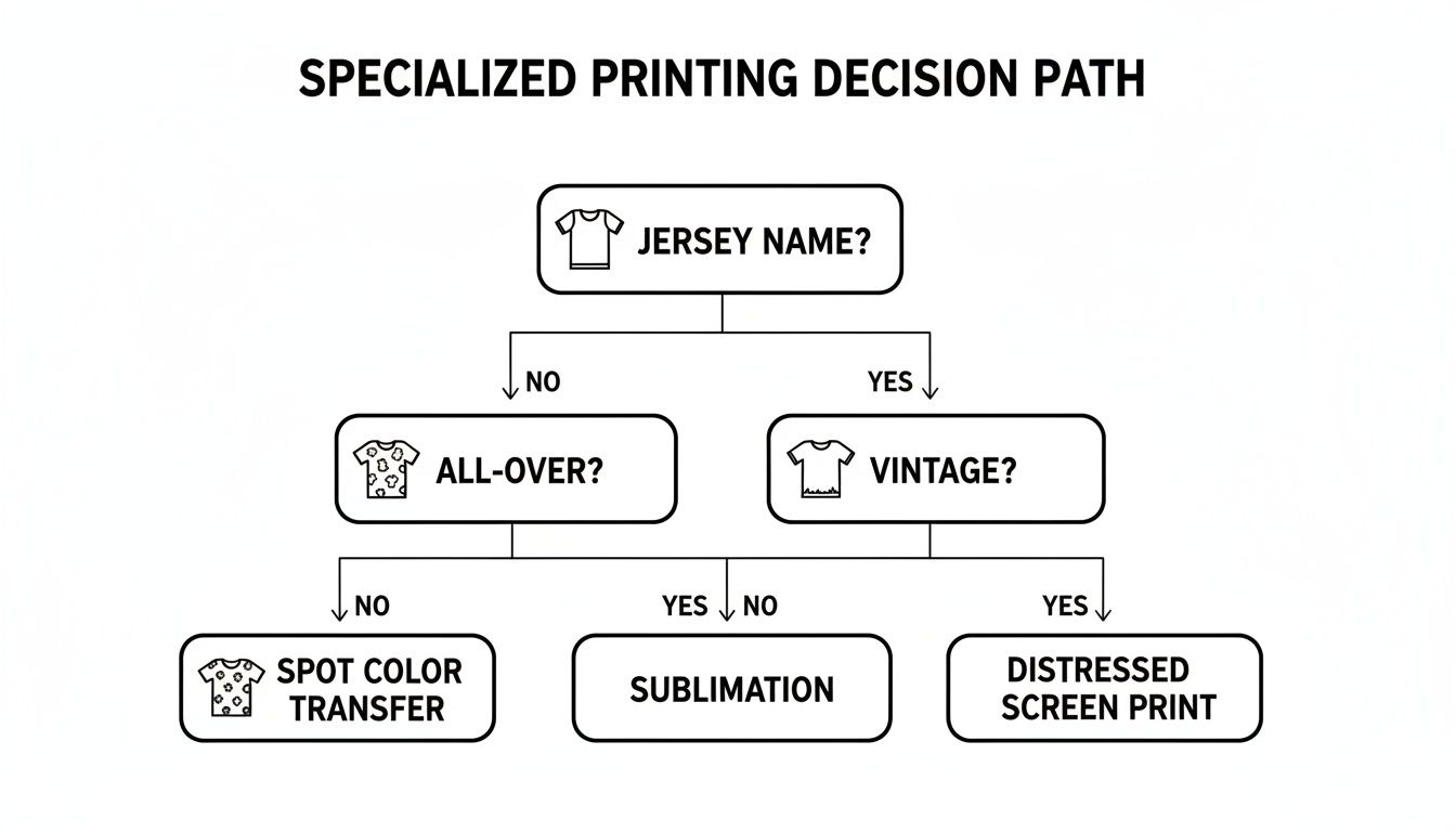 Decision path flowchart for specialized T-shirt printing methods, including spot color transfer, sublimation, and distressed screen print options.