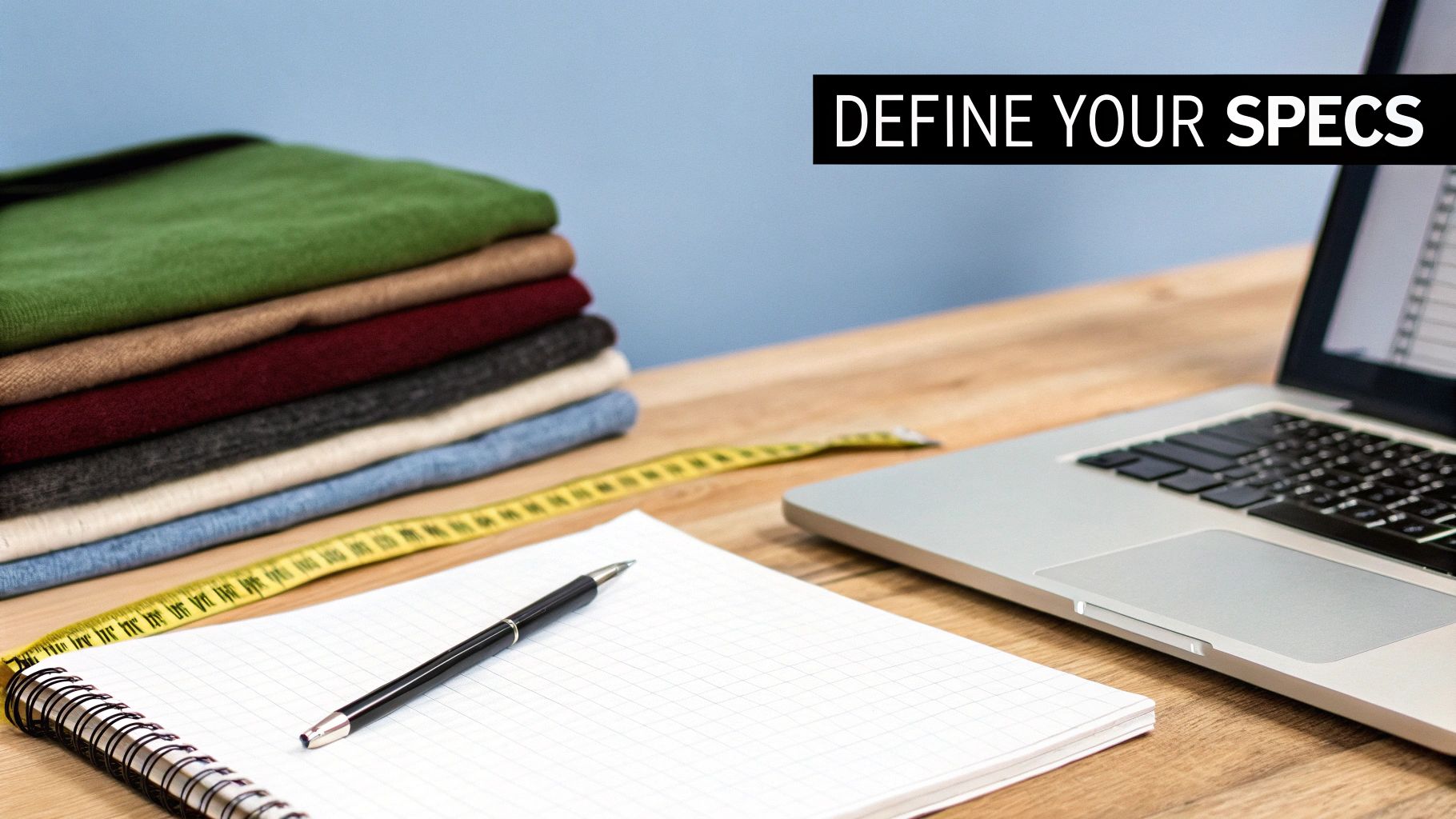 Workspace with stacked clothing, measuring tape, notebook, pen, and laptop, emphasizing apparel specifications.