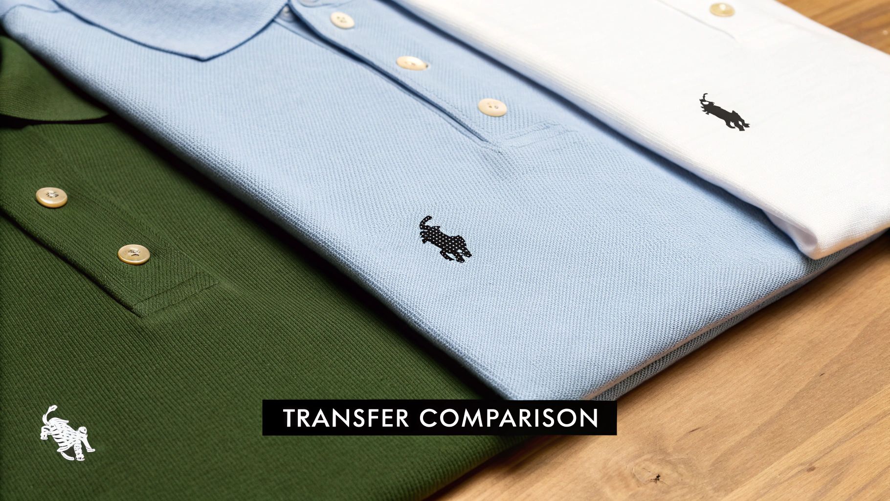 Close-up of three polo shirts in green, light blue, and white, showcasing different logo transfer types.