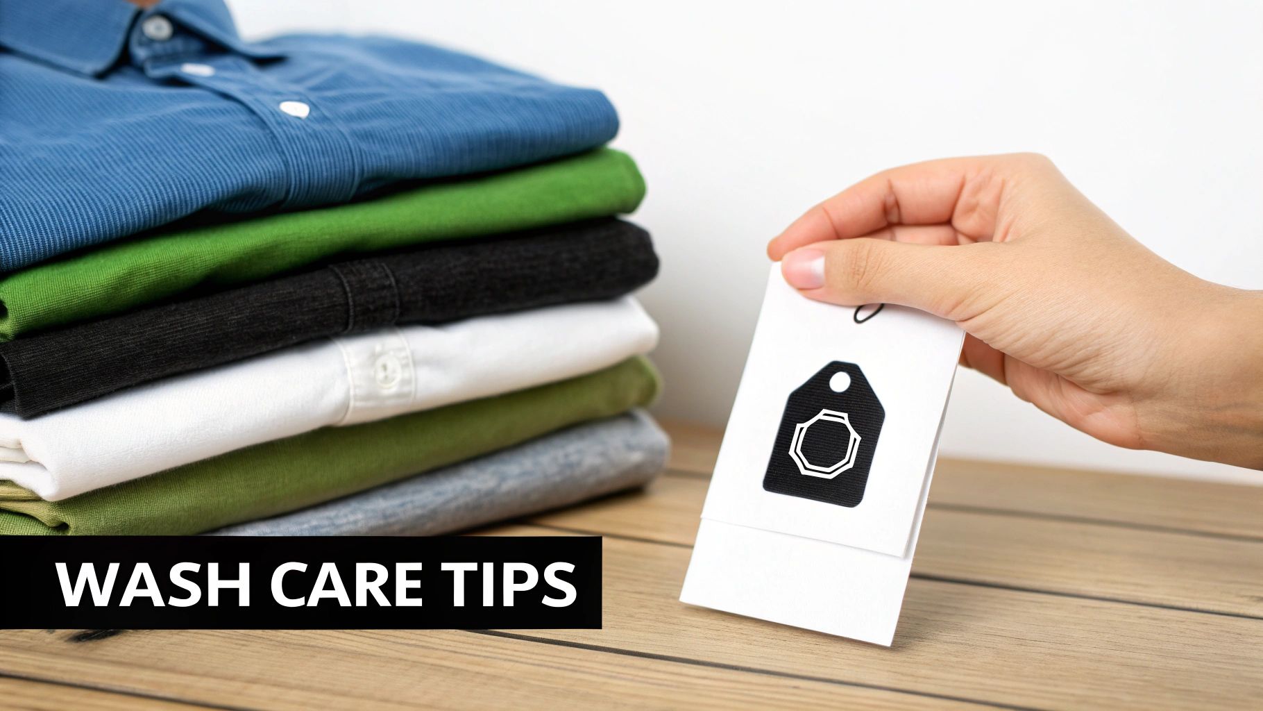 A hand holds a white care tag with an icon next to a stack of folded colorful shirts.