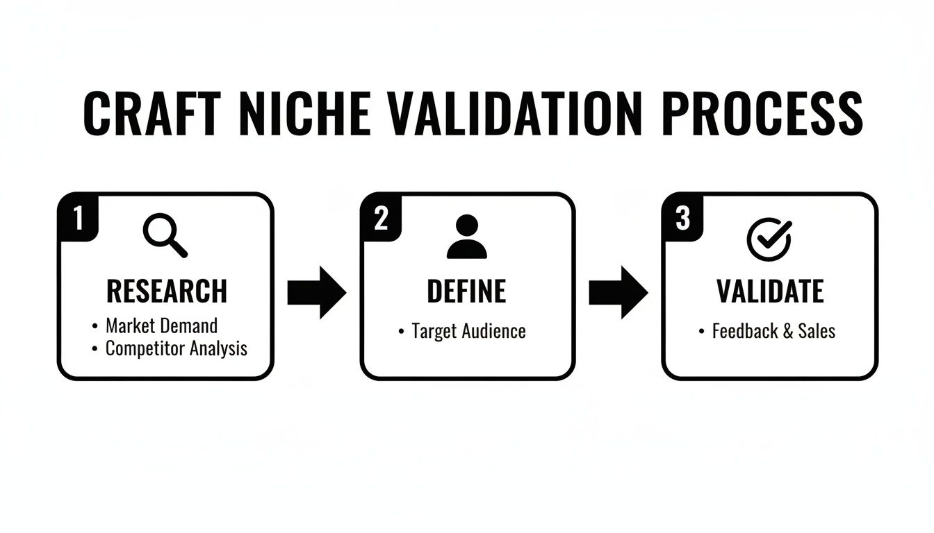 A 3-step diagram outlining the craft niche validation process: research, define, and validate.