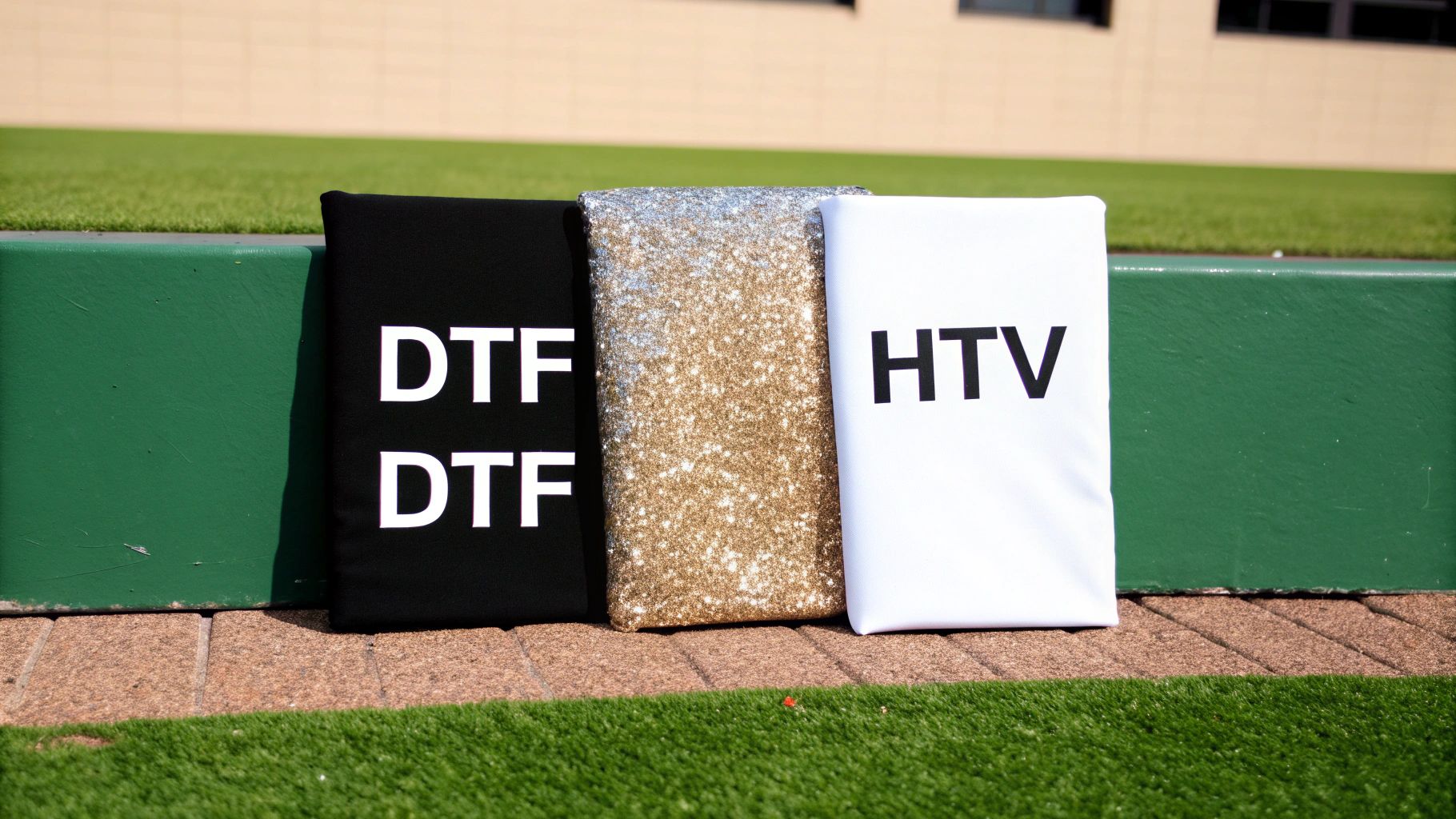 Three fabric samples on a green barrier: black with 'DTF', gold glitter, and white with 'HTV'.