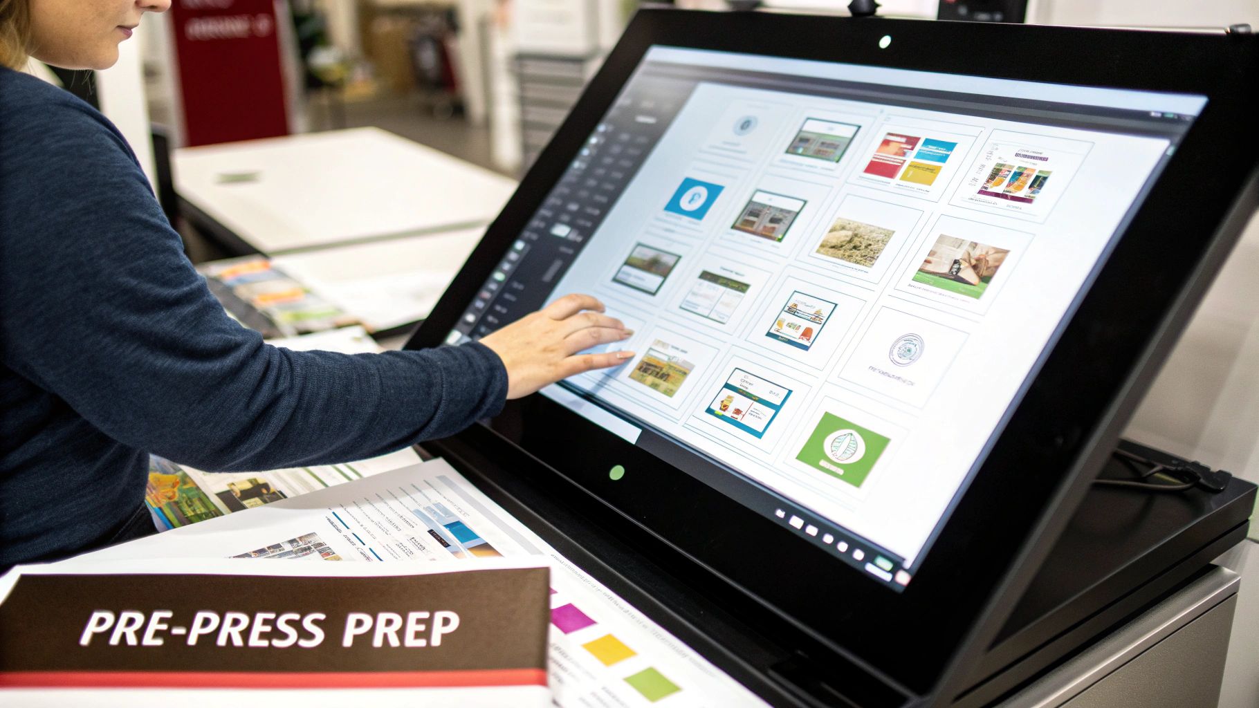 A graphic designer reviewing DTF artwork on a computer screen, symbolizing the pre-press workflow.