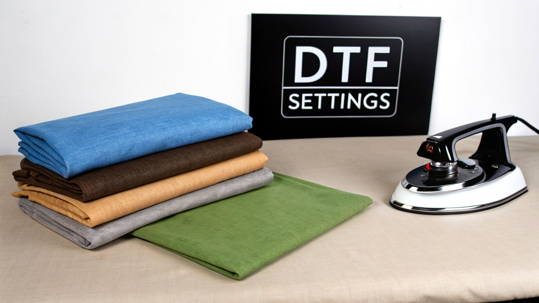 A stack of various colored fabrics, an iron, and a DTF SETTINGS sign on a table.