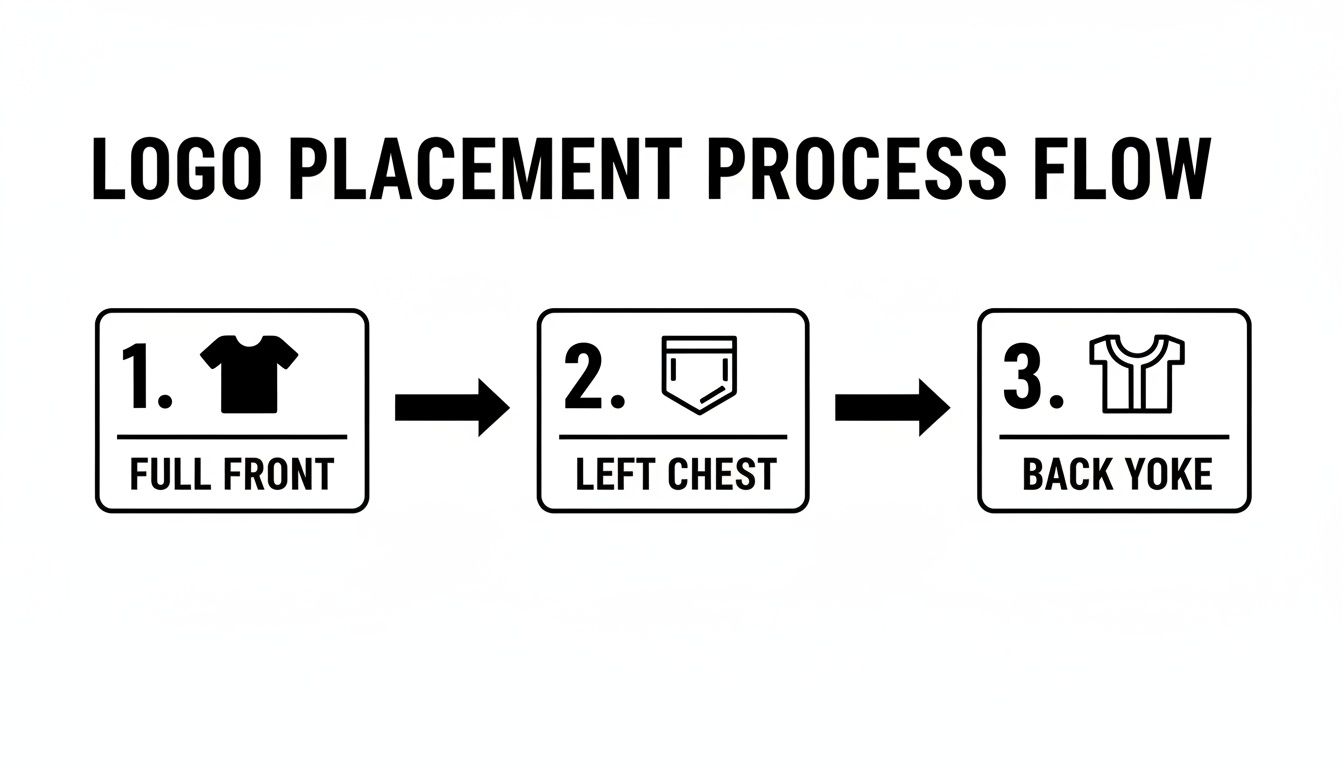 A diagram showing the logo placement process flow with three steps: Full Front, Left Chest, and Back Yoke.