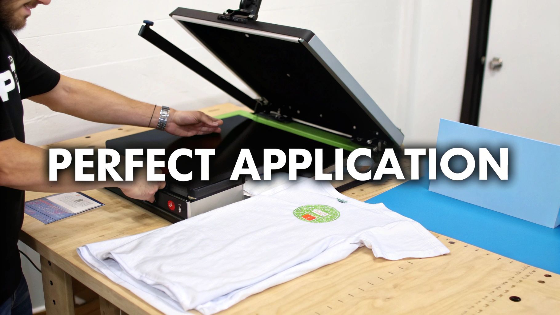 A person uses a heat press machine to apply a colorful design onto a white t-shirt.