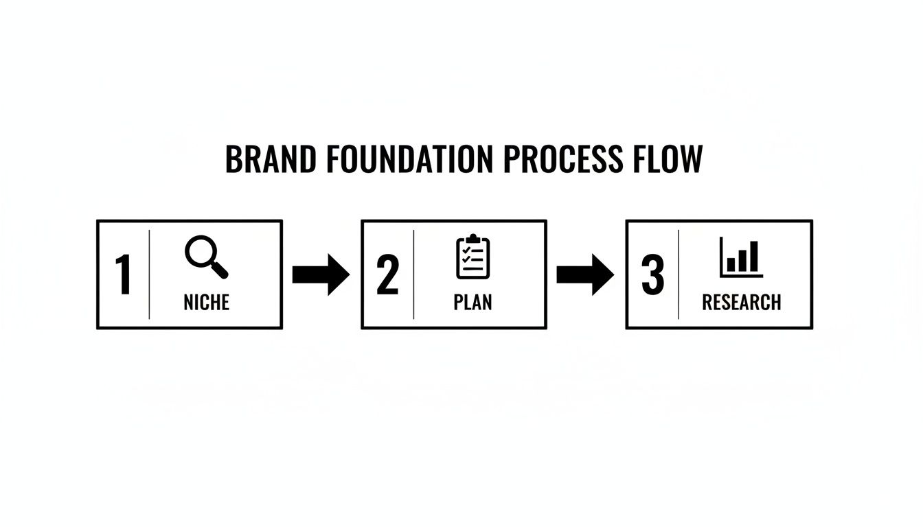 A three-step brand foundation process flow diagram showing Niche, Plan, and Research steps.