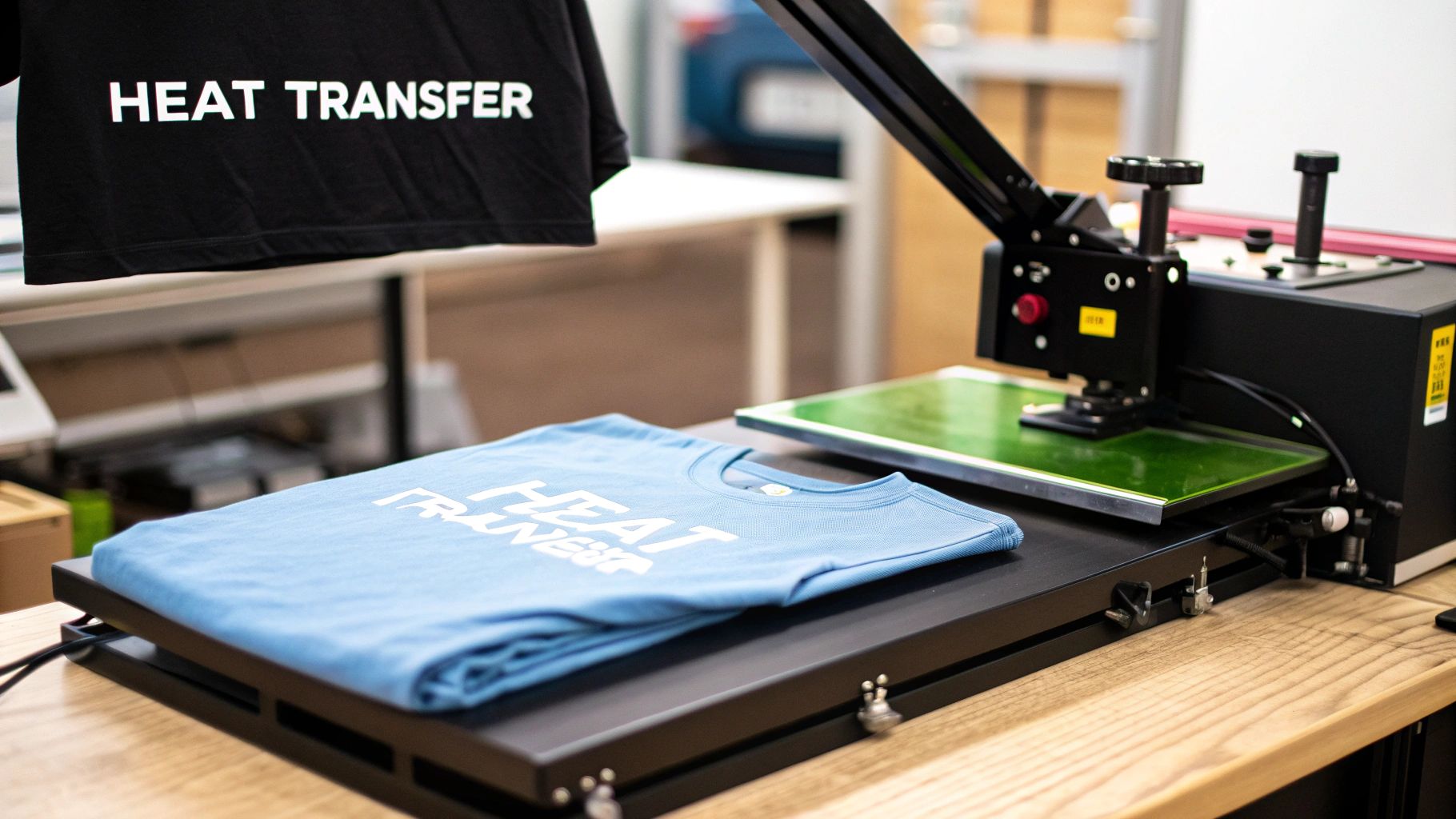 A heat press machine applying a colorful design onto a folded white t-shirt.
