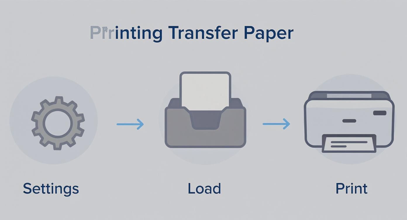 Flowchart showing three steps for printing transfer paper: adjust settings, load paper, and print.