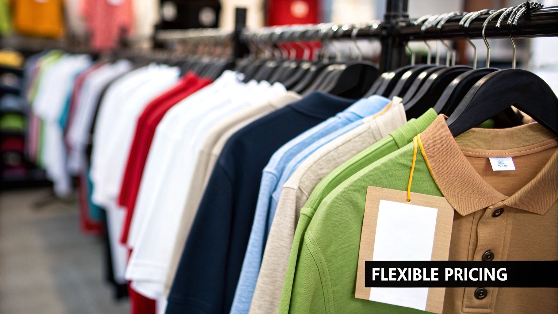 Several custom t-shirts hanging on a rack, each with a different design, color, and print location.