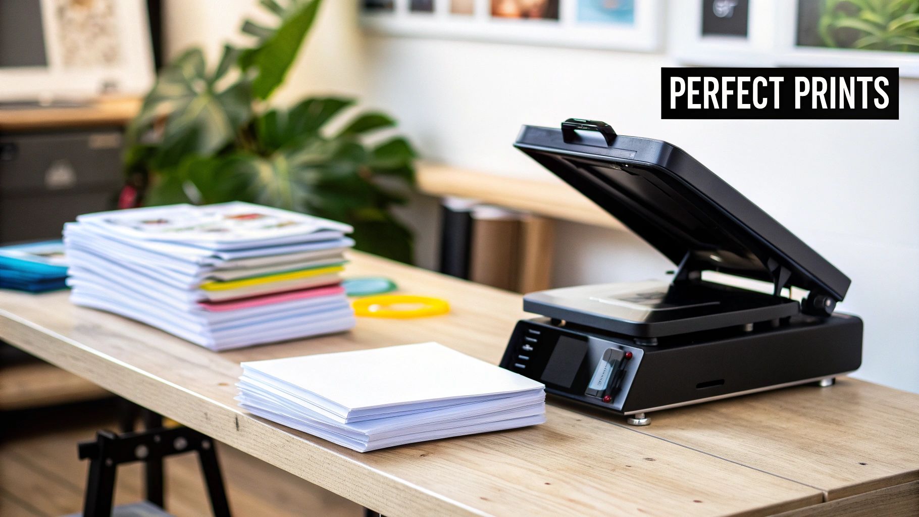 A black heat press machine with its lid open, next to stacks of paper on a wooden desk.