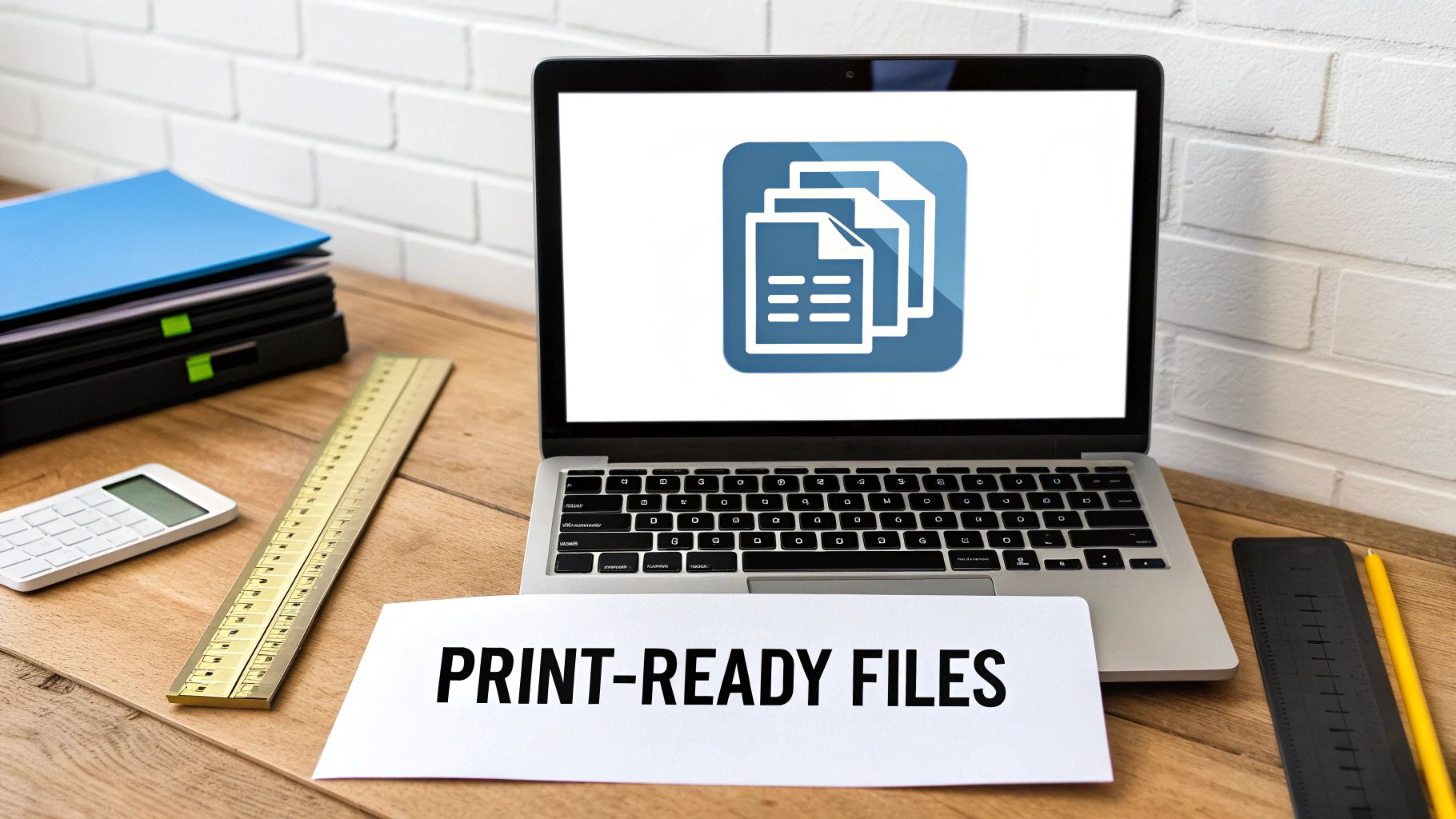 Laptop displaying document icons next to a paper titled 'PRINT-READY FILES' on a wooden desk.