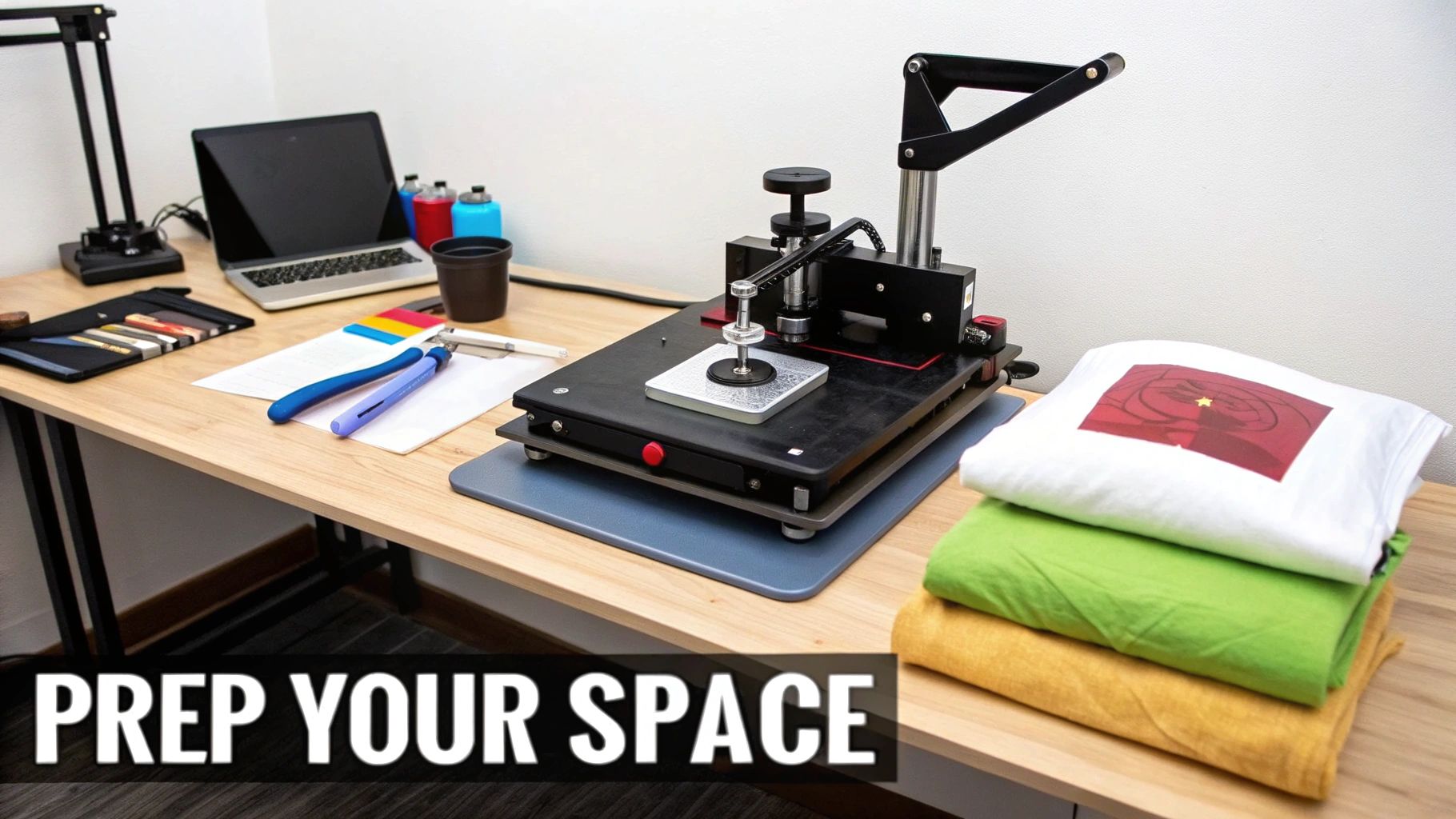 Desk setup for heat press printing, showing machine, laptop, design tools, and stacked t-shirts.