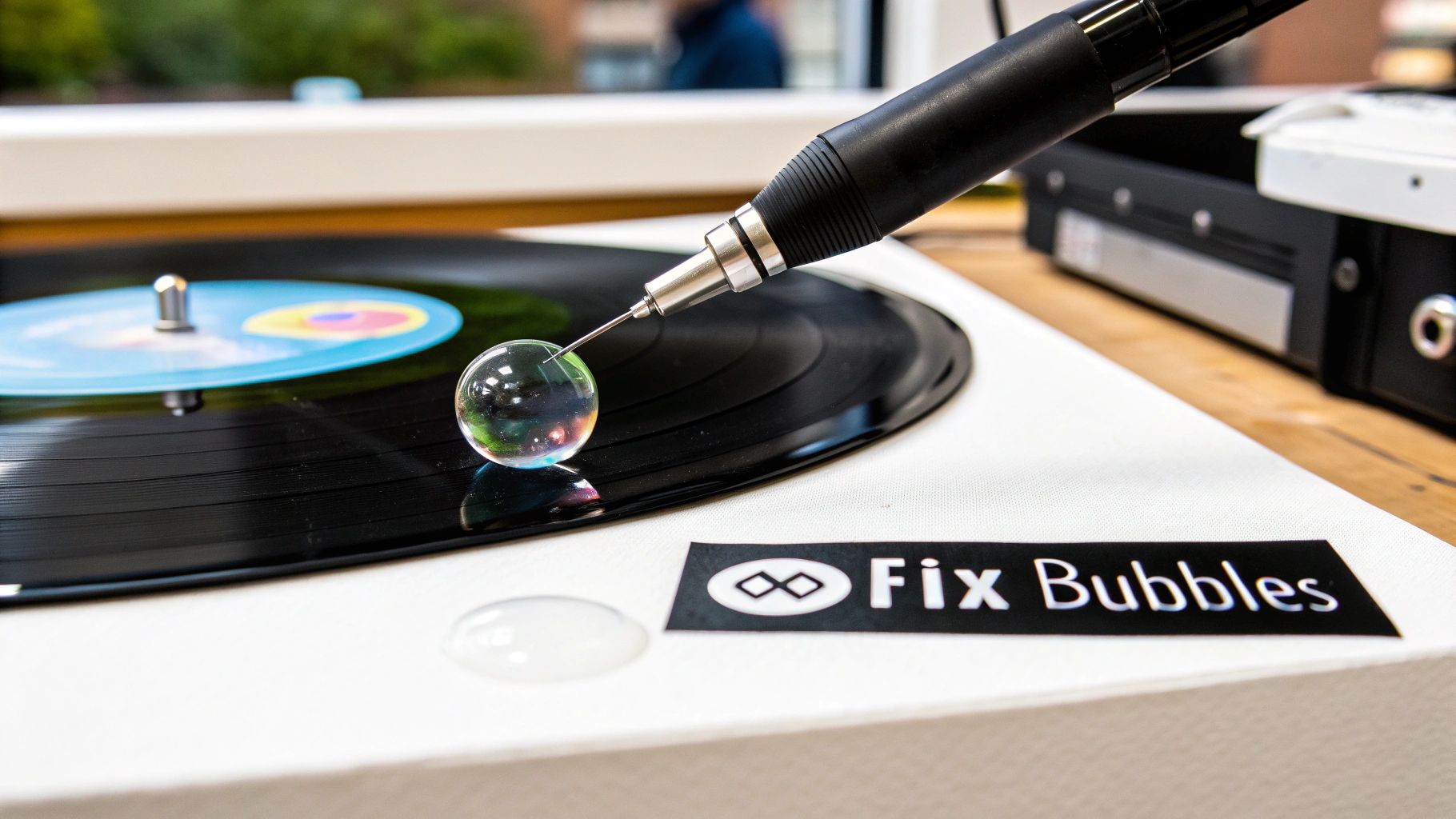 A precision tool touches a clear bubble on a black vinyl record, next to a 'Fix Bubbles' sticker.