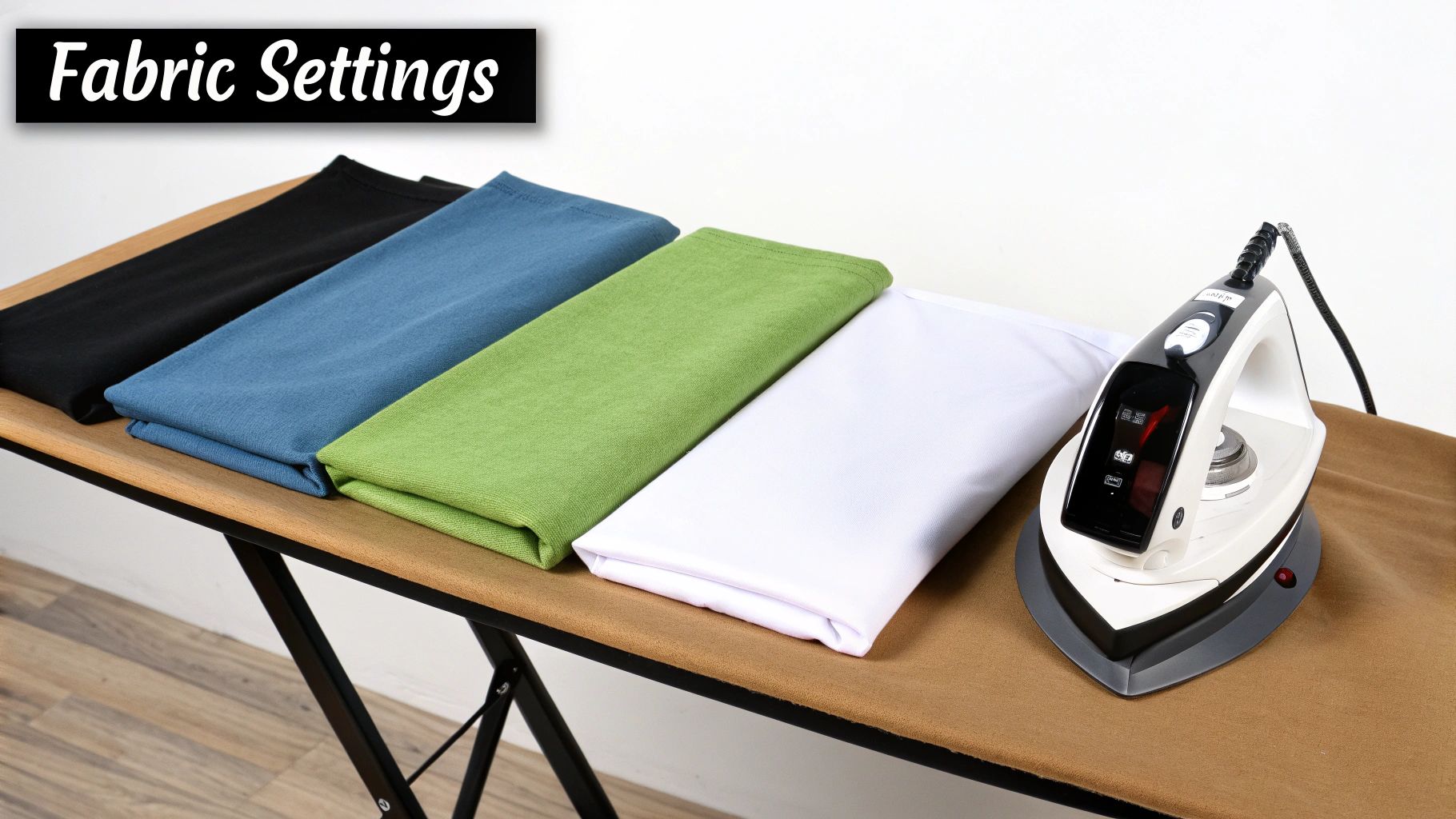 An iron next to folded fabric samples in various colors on an ironing board, with 'Fabric Settings' text.