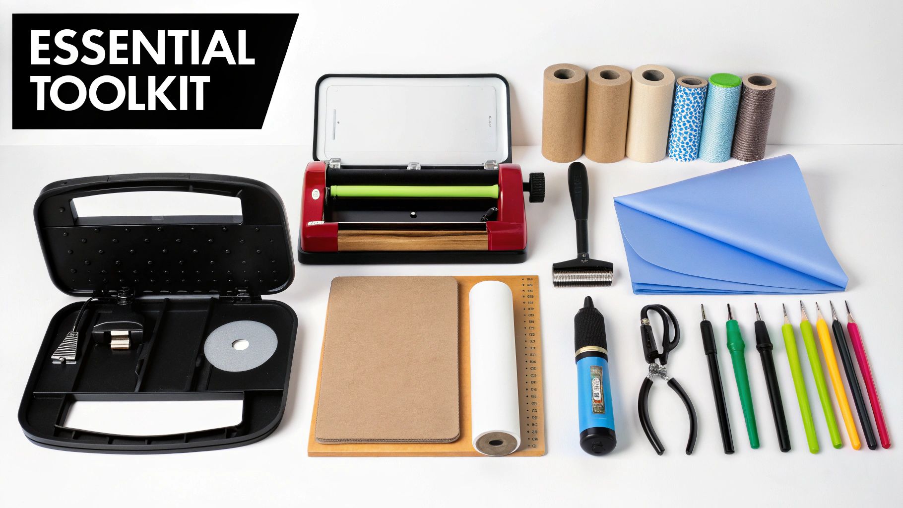 A collection of heat transfer printing tools including a heat press, vinyl cutter, and weeding tools