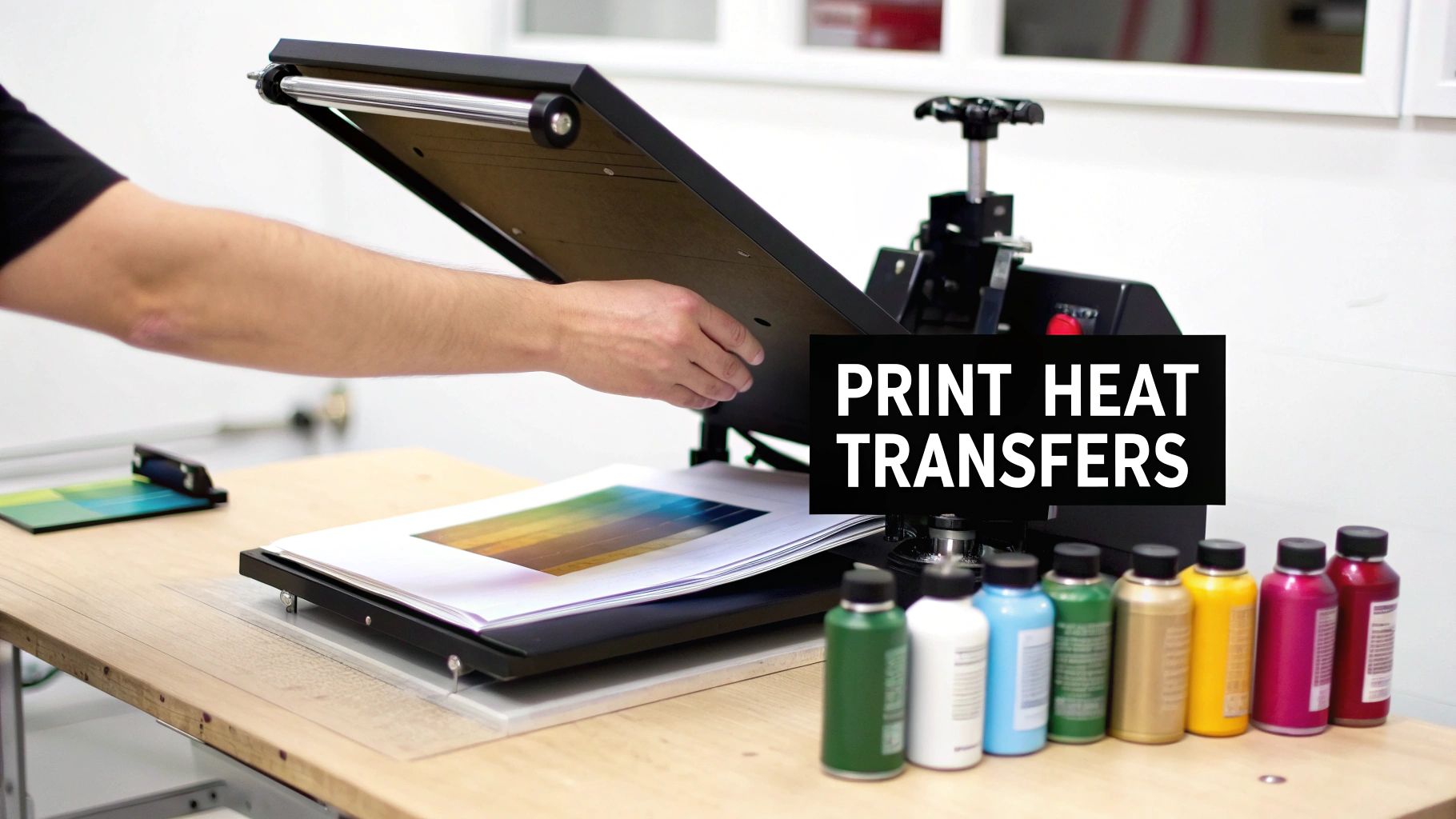 A person applying a print heat transfer to a t-shirt using a heat press machine
