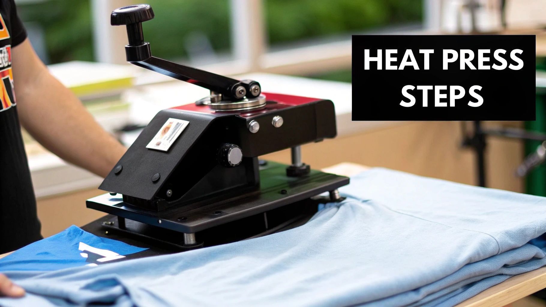 A person using a heat press to apply a colorful DTF transfer onto a grey t-shirt.