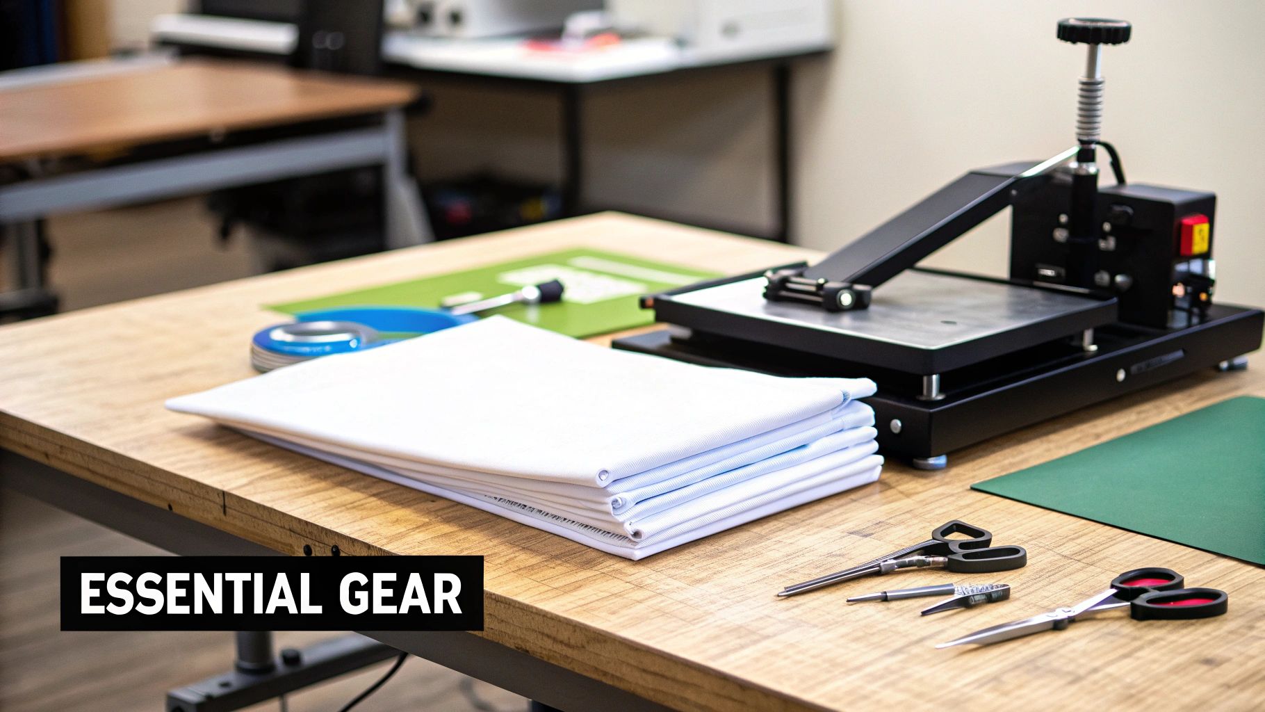 A collection of heat transfer vinyl rolls, a t-shirt, and a weeding tool ready for a project.