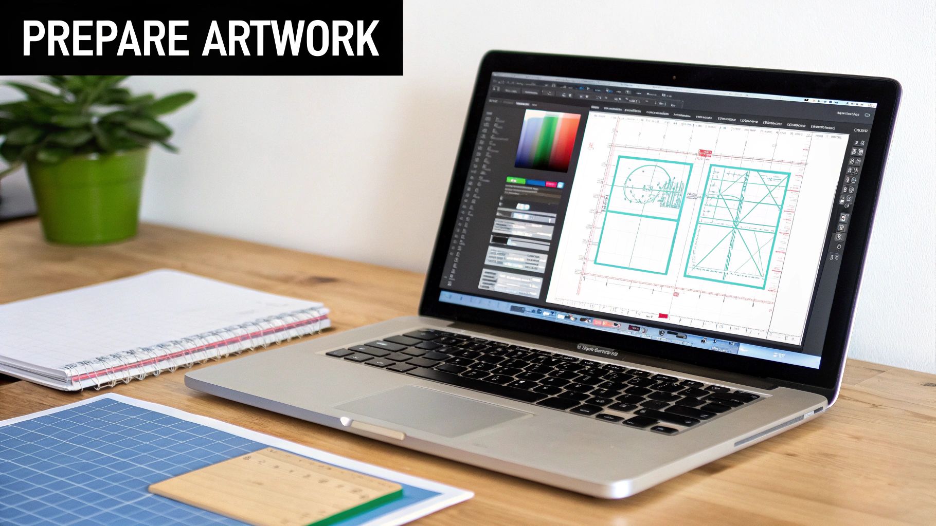 A laptop displays artwork on design software, next to a notebook and cutting mat on a wooden desk.