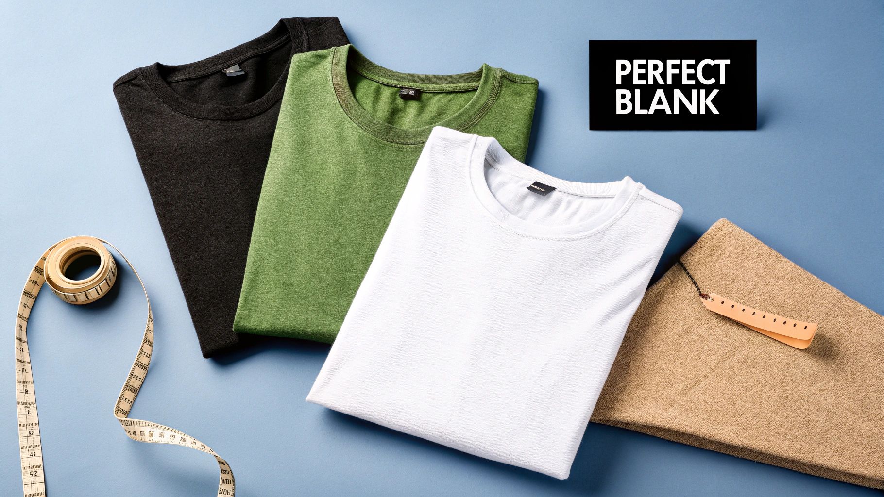Three folded blank t-shirts in black, green, and white, with a measuring tape and fabric.