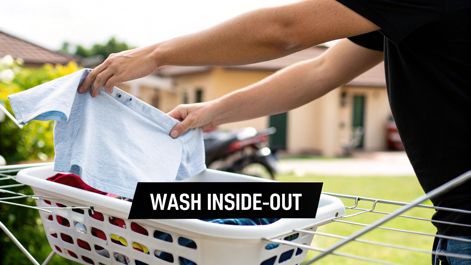 A person's hands holding a light blue t-shirt over a laundry basket on a drying rack.