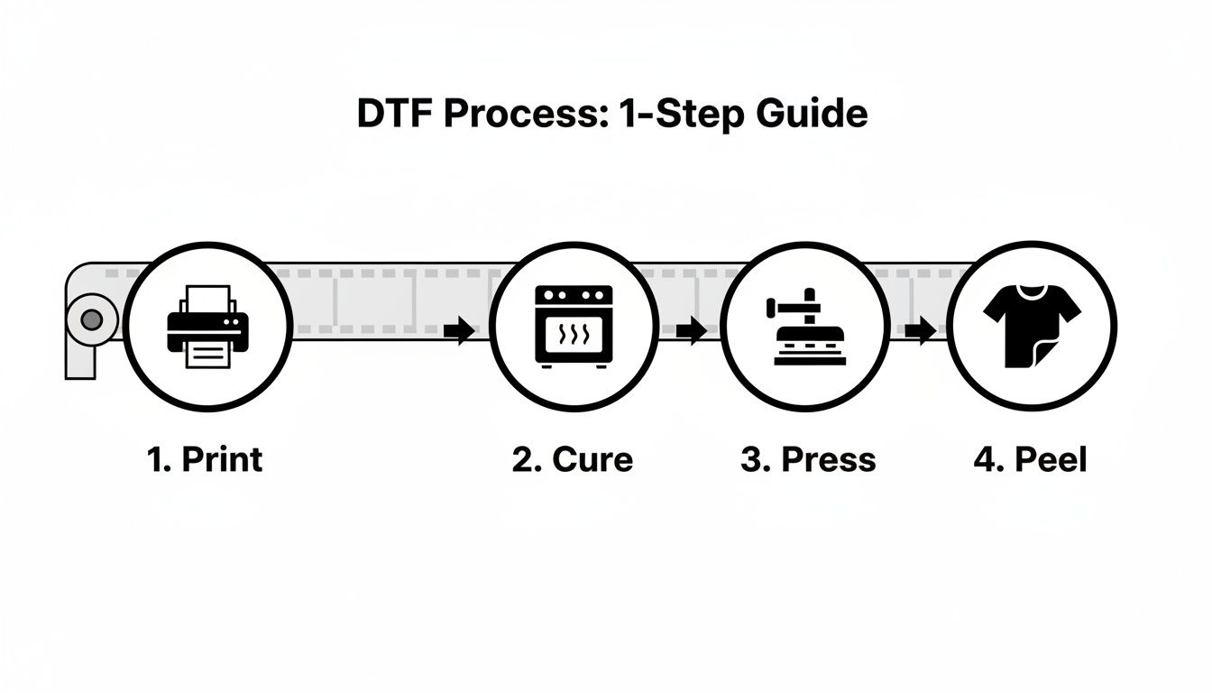 A step-by-step guide illustrating the DTF printing process: Print, Cure, Press, and Peel.