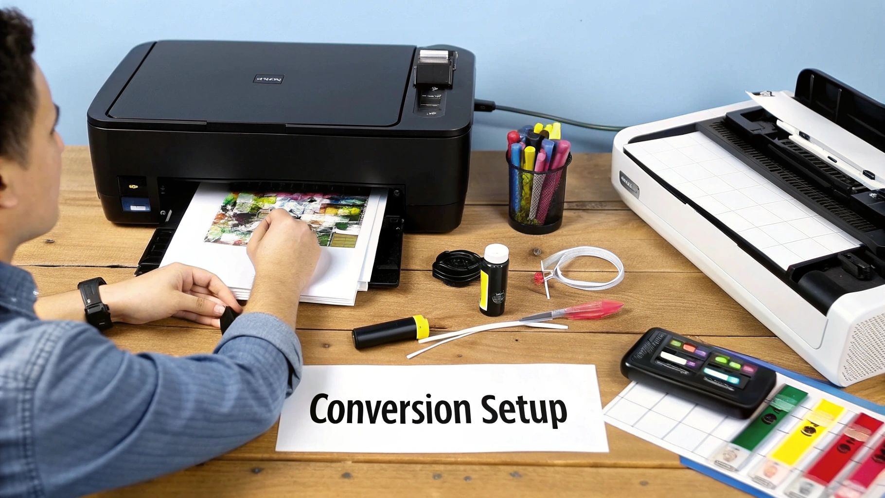 A DTF printer with rolls of film being processed in a clean workshop.