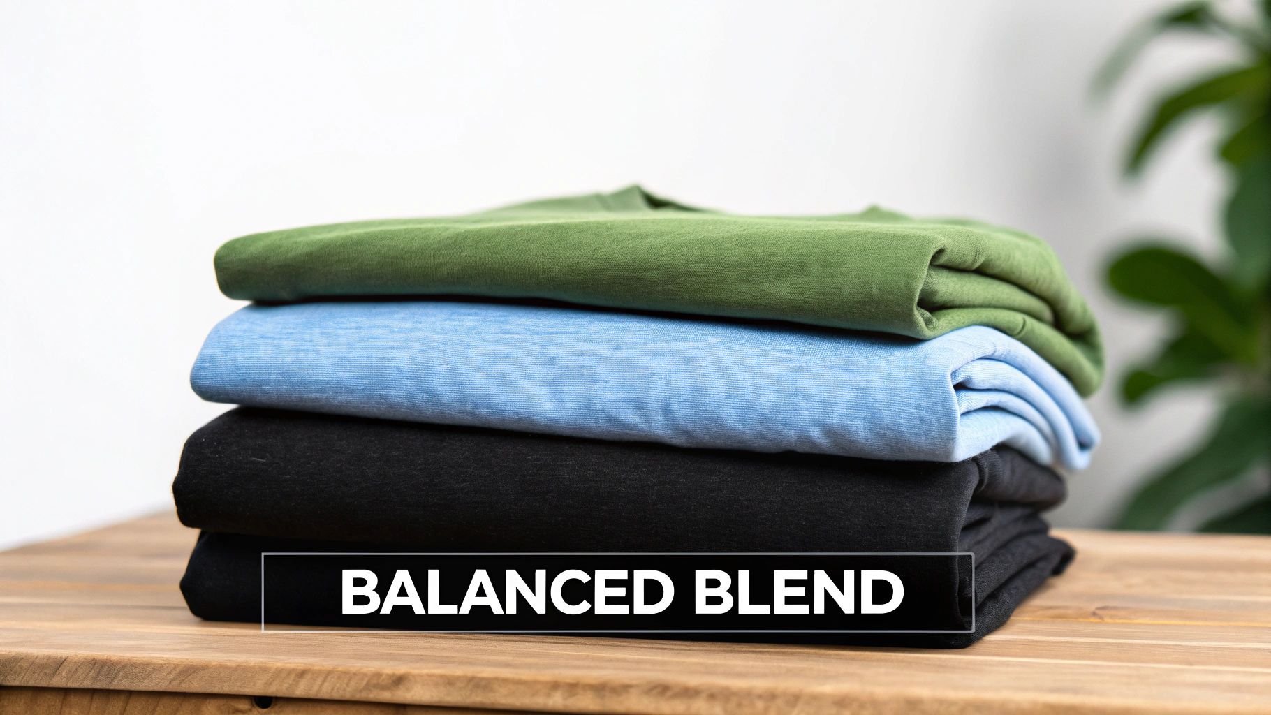 A stack of neatly folded green, blue, and black t-shirts with 'BALANCED BLEND' text overlay.