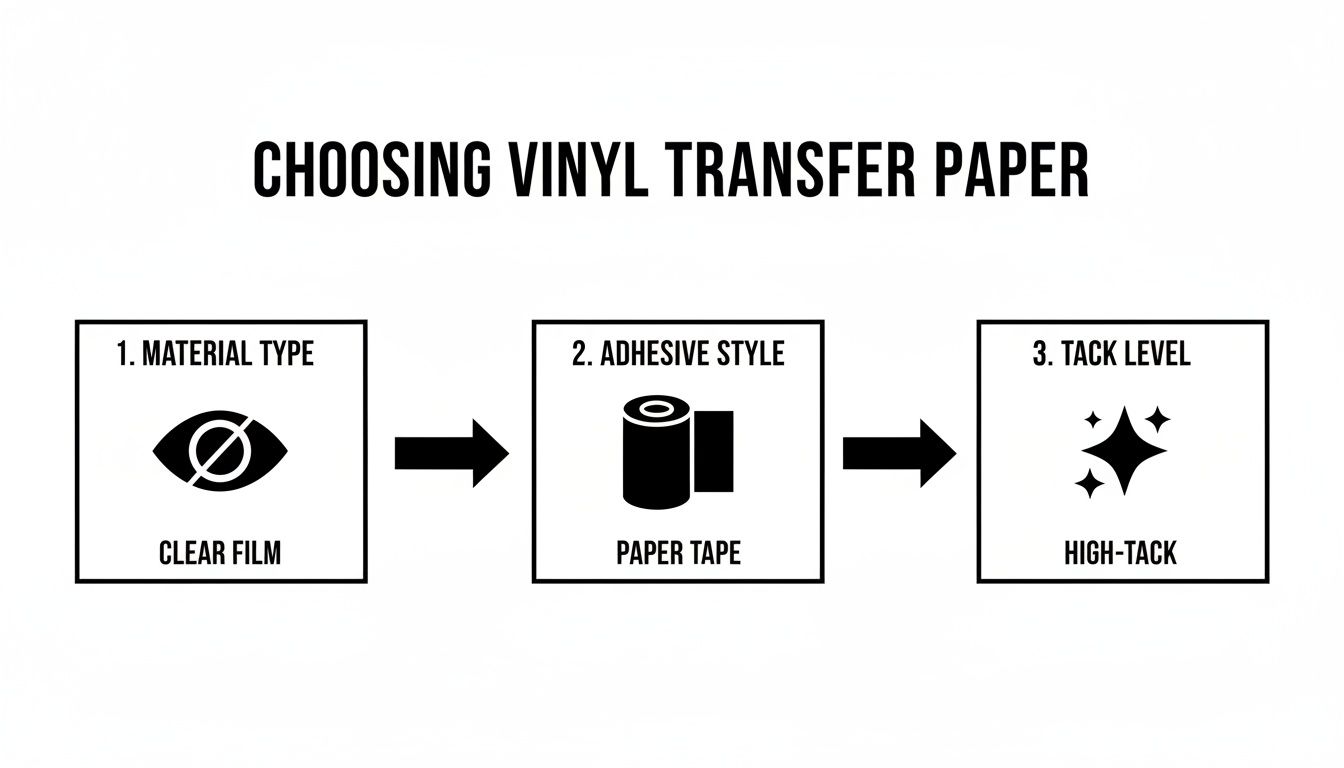 Flowchart detailing three steps for choosing vinyl transfer paper: material type, adhesive style, and tack level.