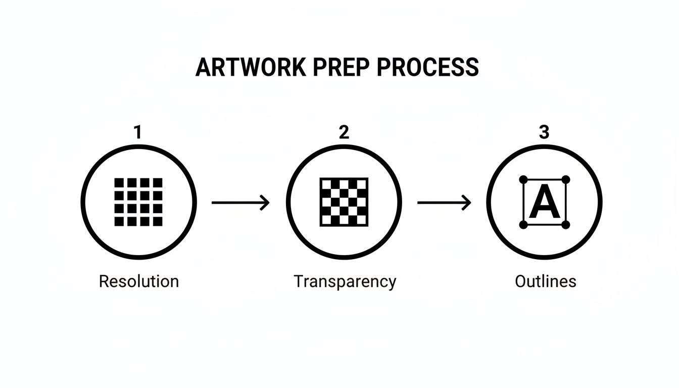 A diagram illustrating the artwork preparation process with three steps: Resolution, Transparency, and Outlines.