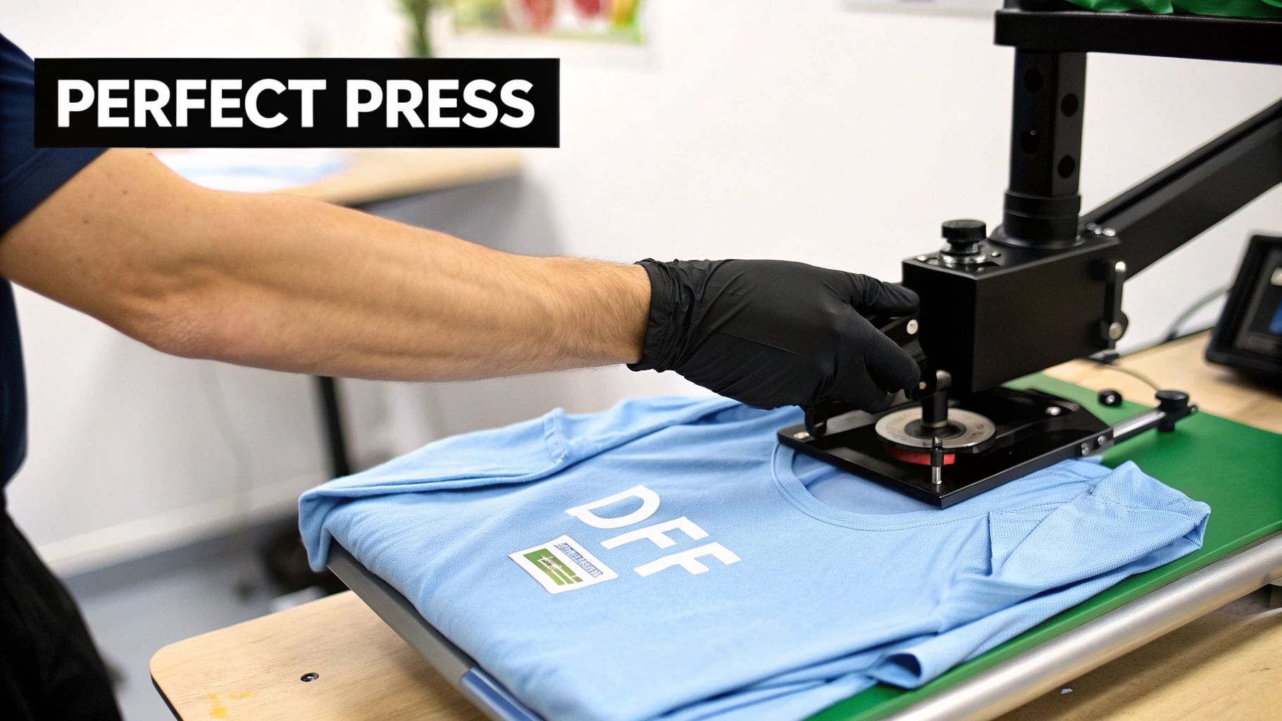 A gloved hand operates a black heat press machine, applying a DFF logo onto a light blue t-shirt.