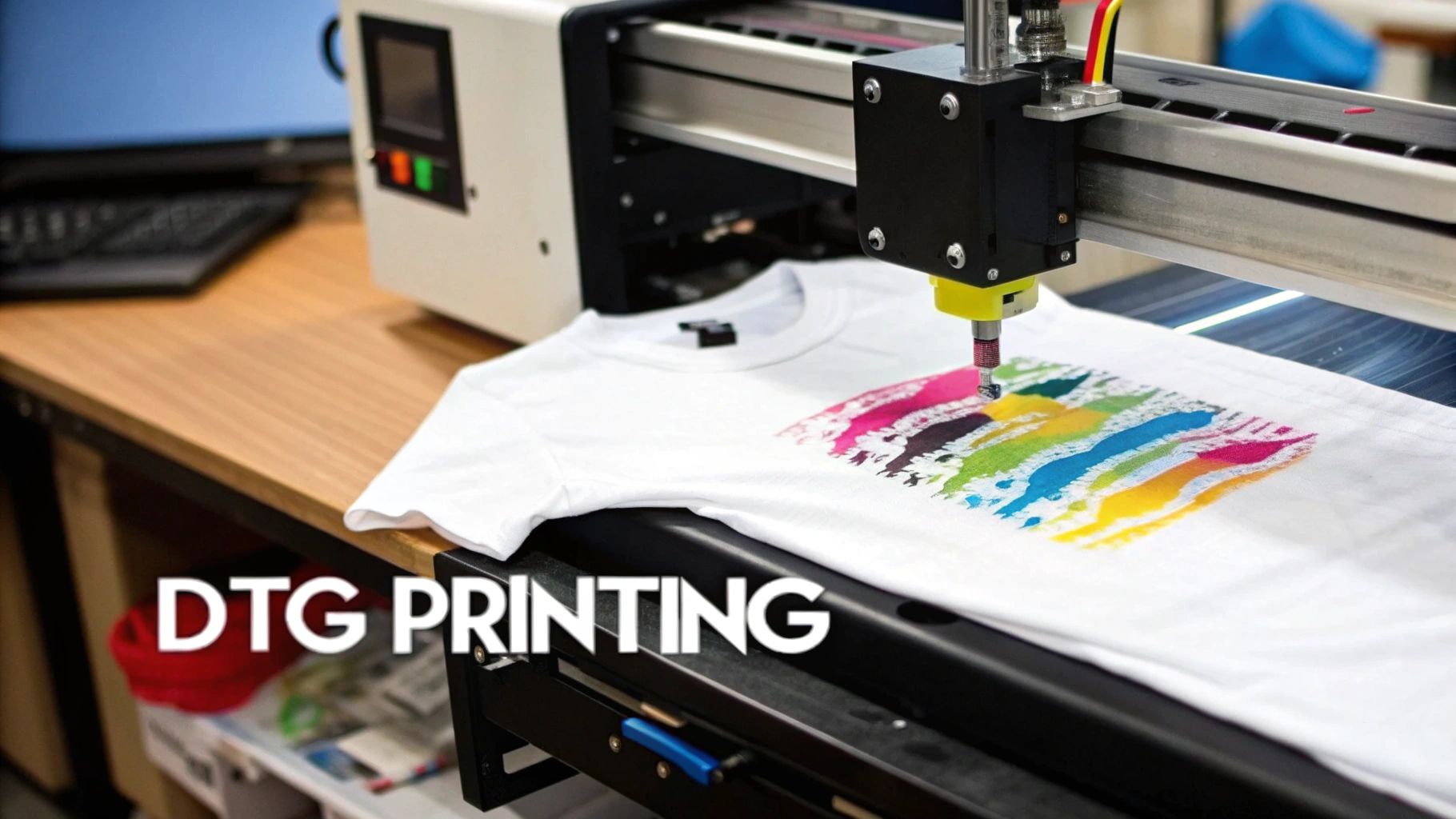 A close-up of a DTG printer head applying a colorful, detailed design directly onto a white t-shirt.