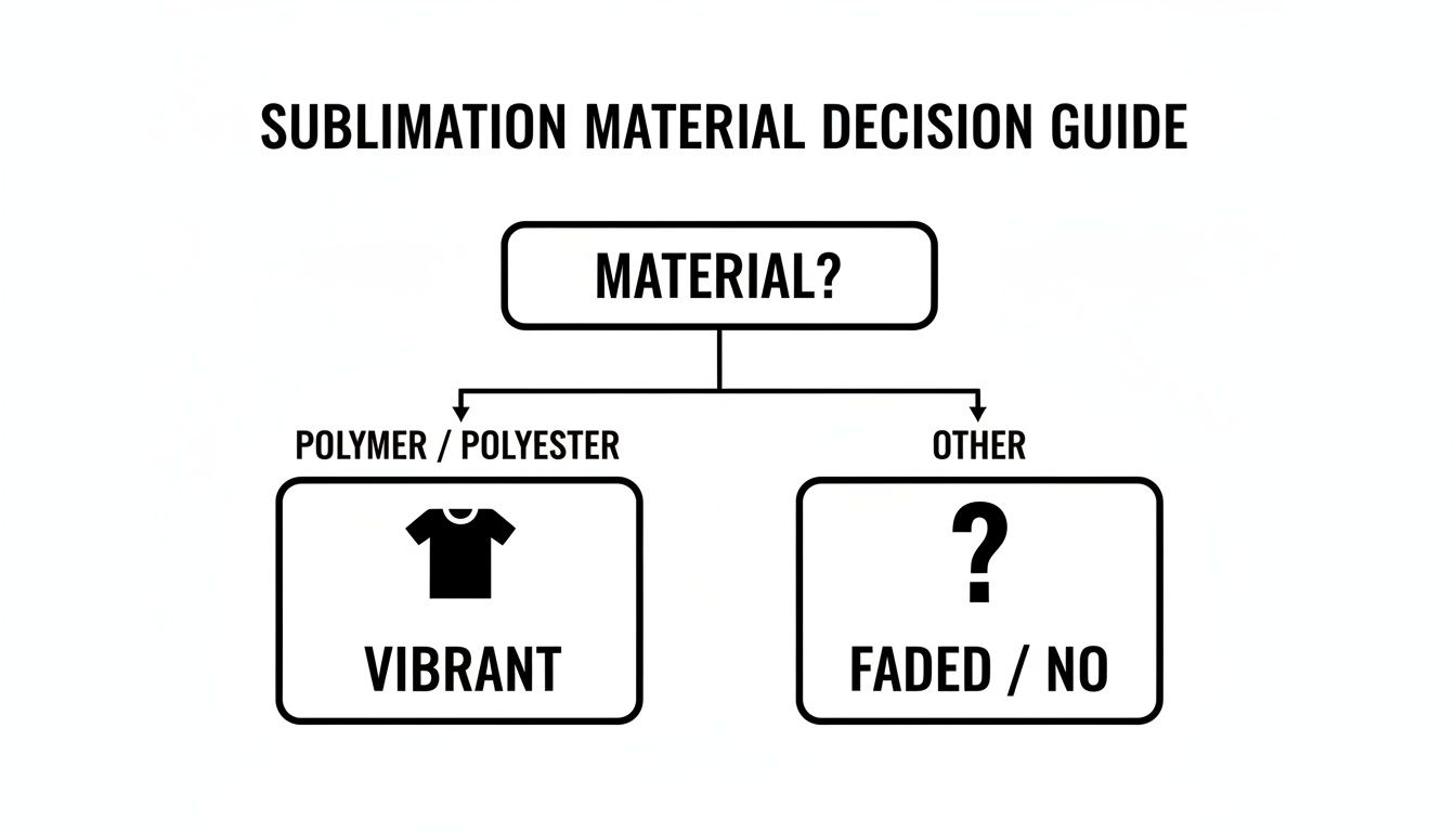 Flowchart illustrating sublimation material choice: polymer/polyester gives vibrant results, other materials are faded.