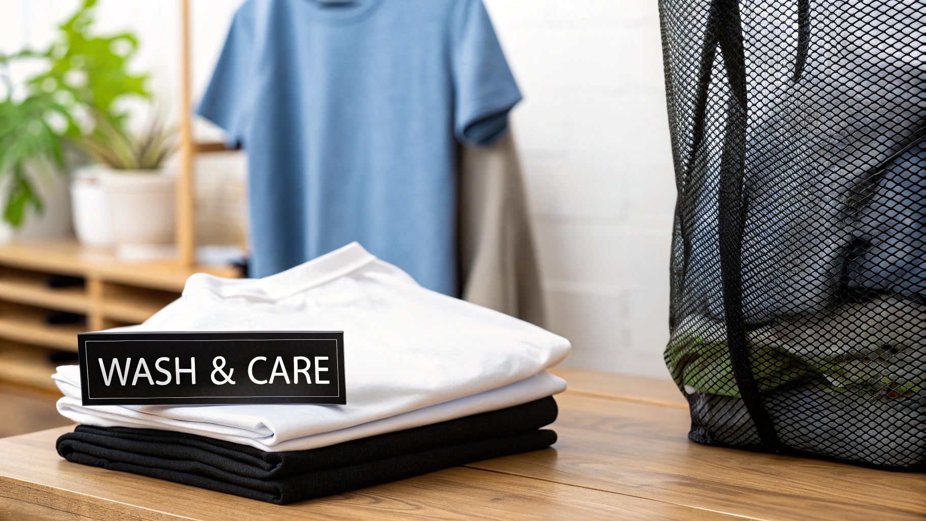 A stack of folded white and black t-shirts with a 'WASH & CARE' sign, next to a laundry bag.