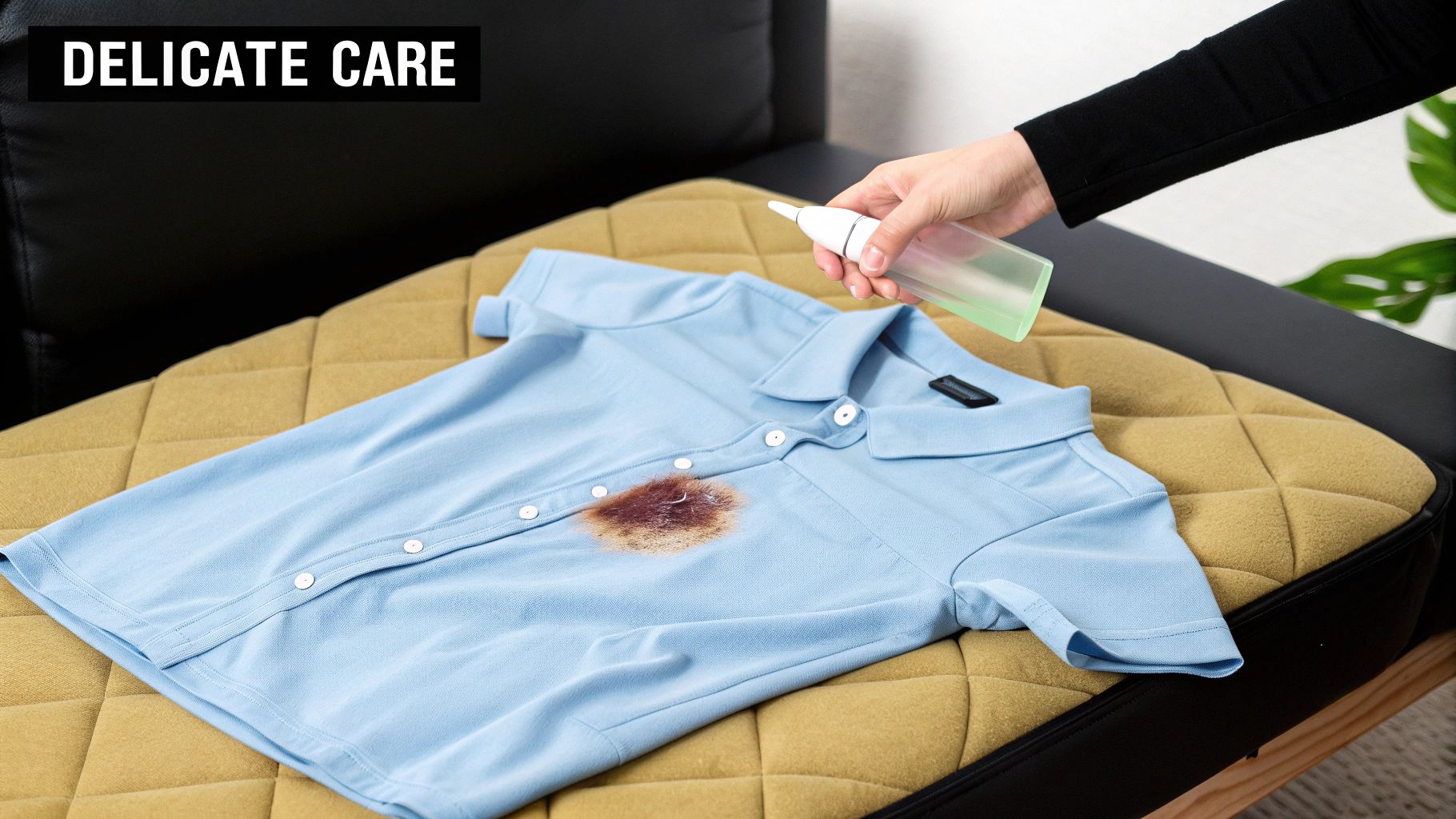 A hand applies stain remover to a fresh brown stain on a light blue polo shirt, emphasizing delicate care.